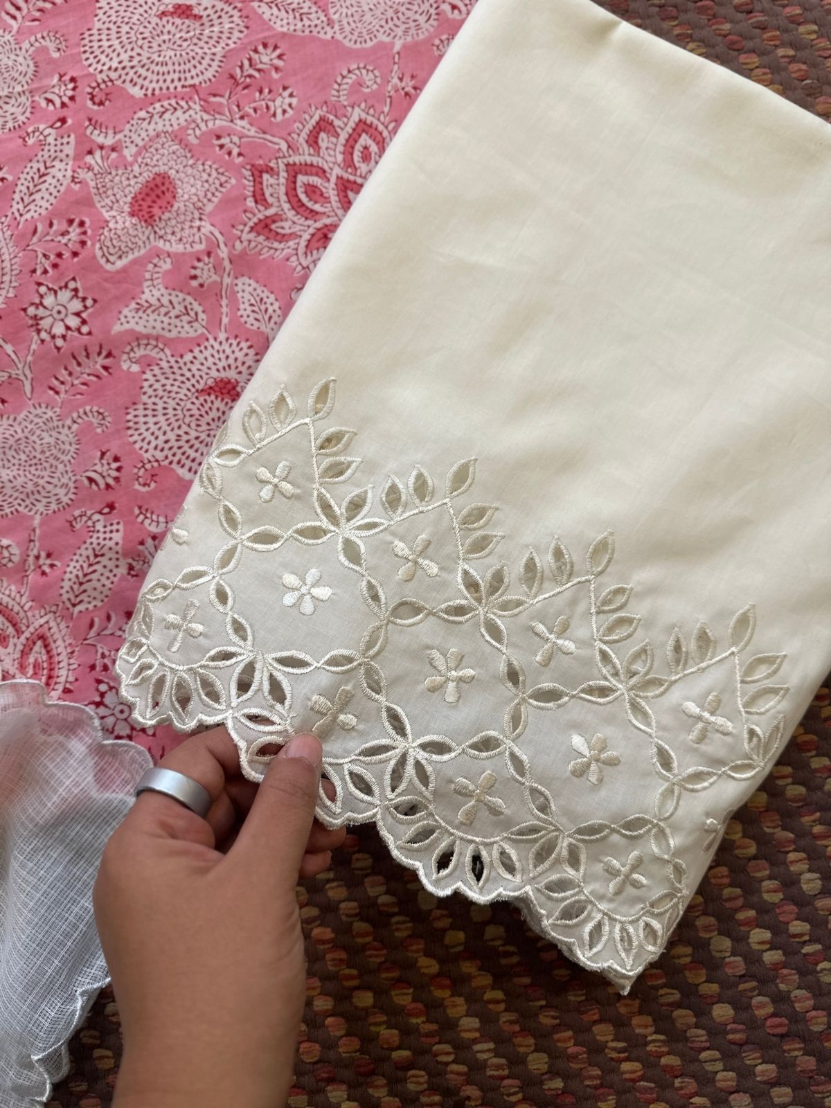 Pure Cotton Hand-blocked Fabric with Cutwork Bottom & Kota Doria Dupatta