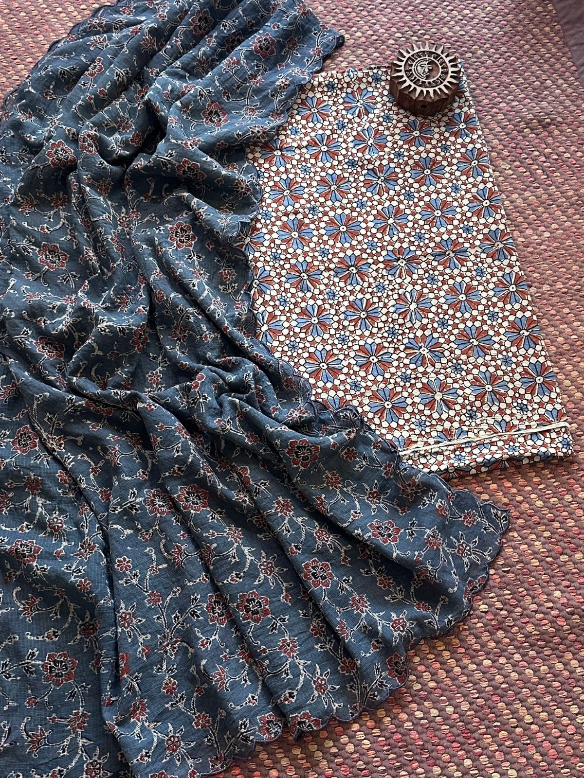 Ajrakh Cotton Malmal Handblocked Set- Top & Dupatta