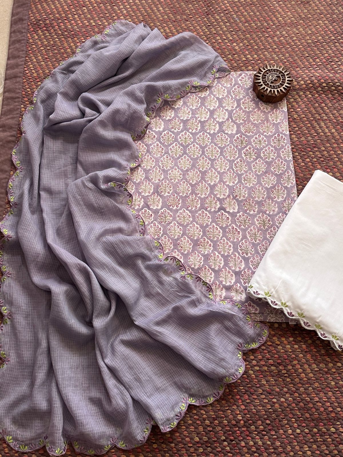 Pure Cotton Hand-block Fabric with Exclusive Embroidered Bottom & Kota Doria Dupatta