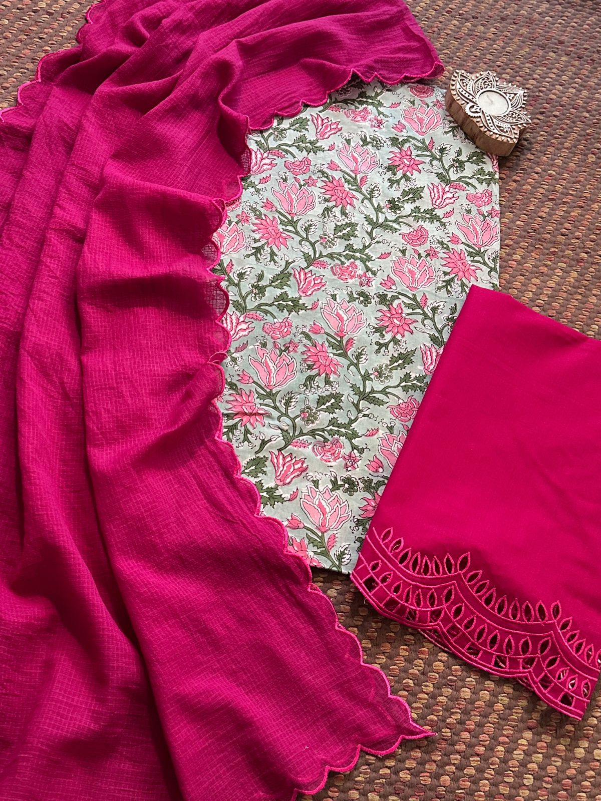 Pure Cotton Hand-blocked Fabric with Cutwork Bottom & Kota Doria Dupatta
