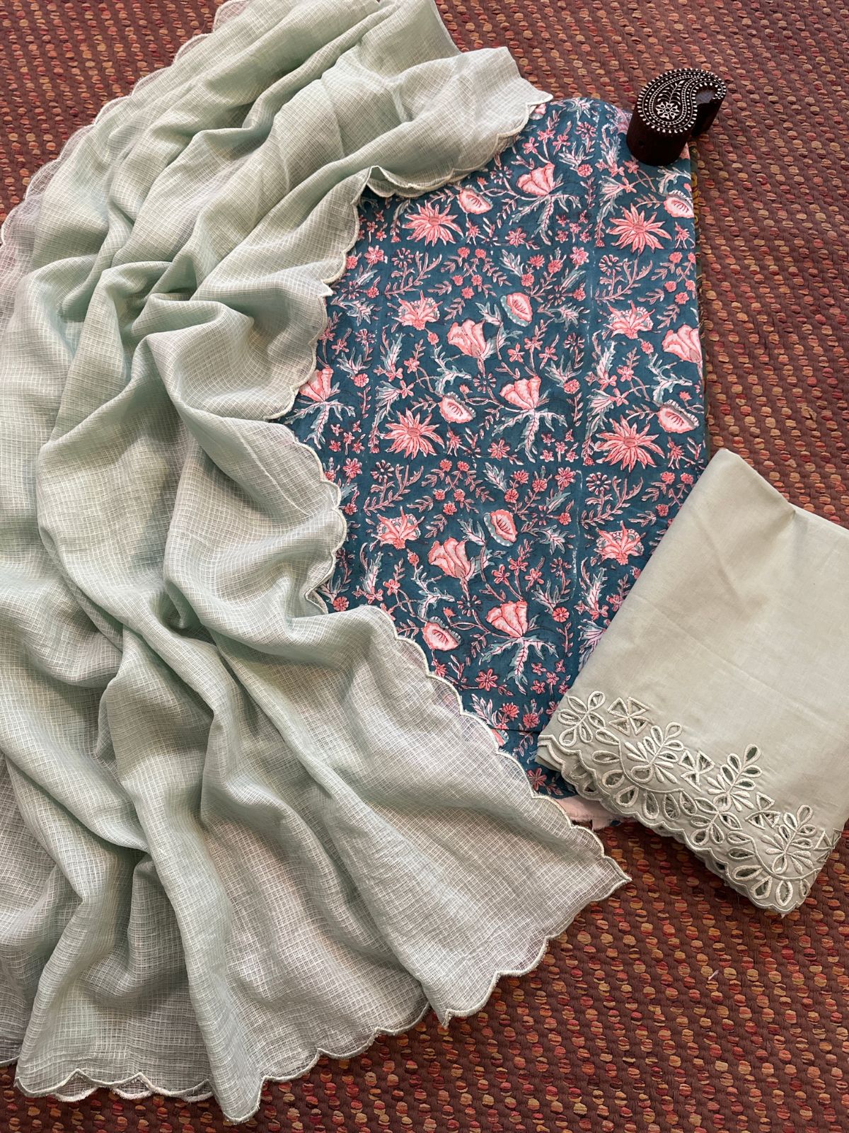 Pure Cotton Hand-blocked Fabric with Cutwork Bottom & Kota Doria Dupatta