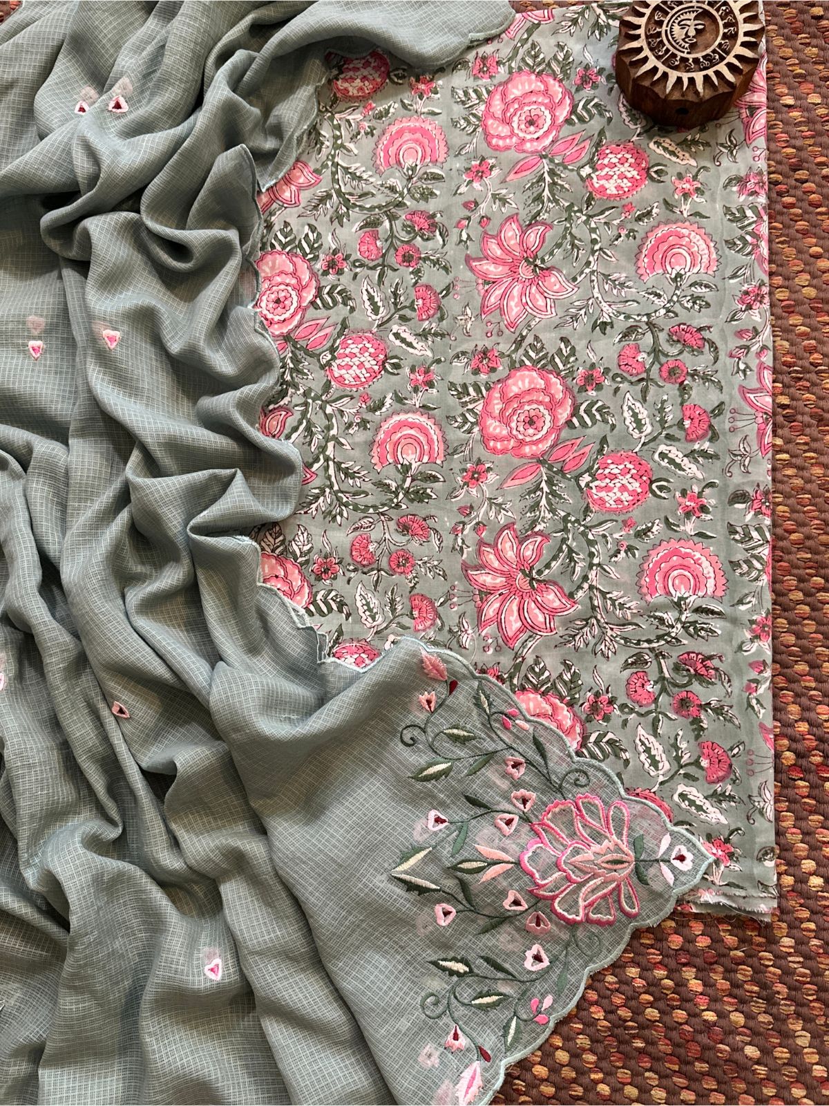 Pure Cotton Hand-blocked fabric set with Embroidered Dupatta