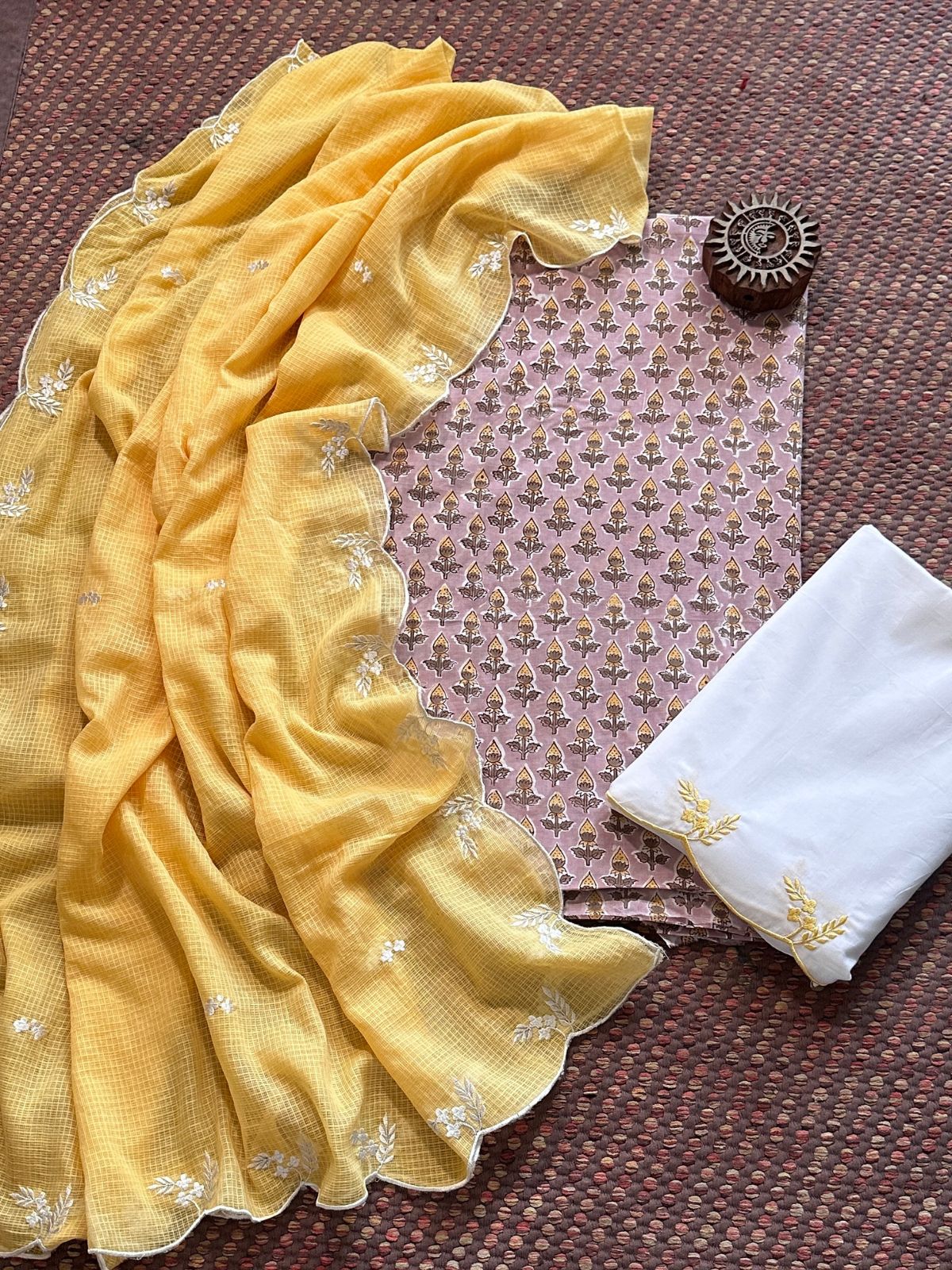 Pure Cotton Hand-block Fabric with Embroidered Bottom & Kota Doria Dupatta