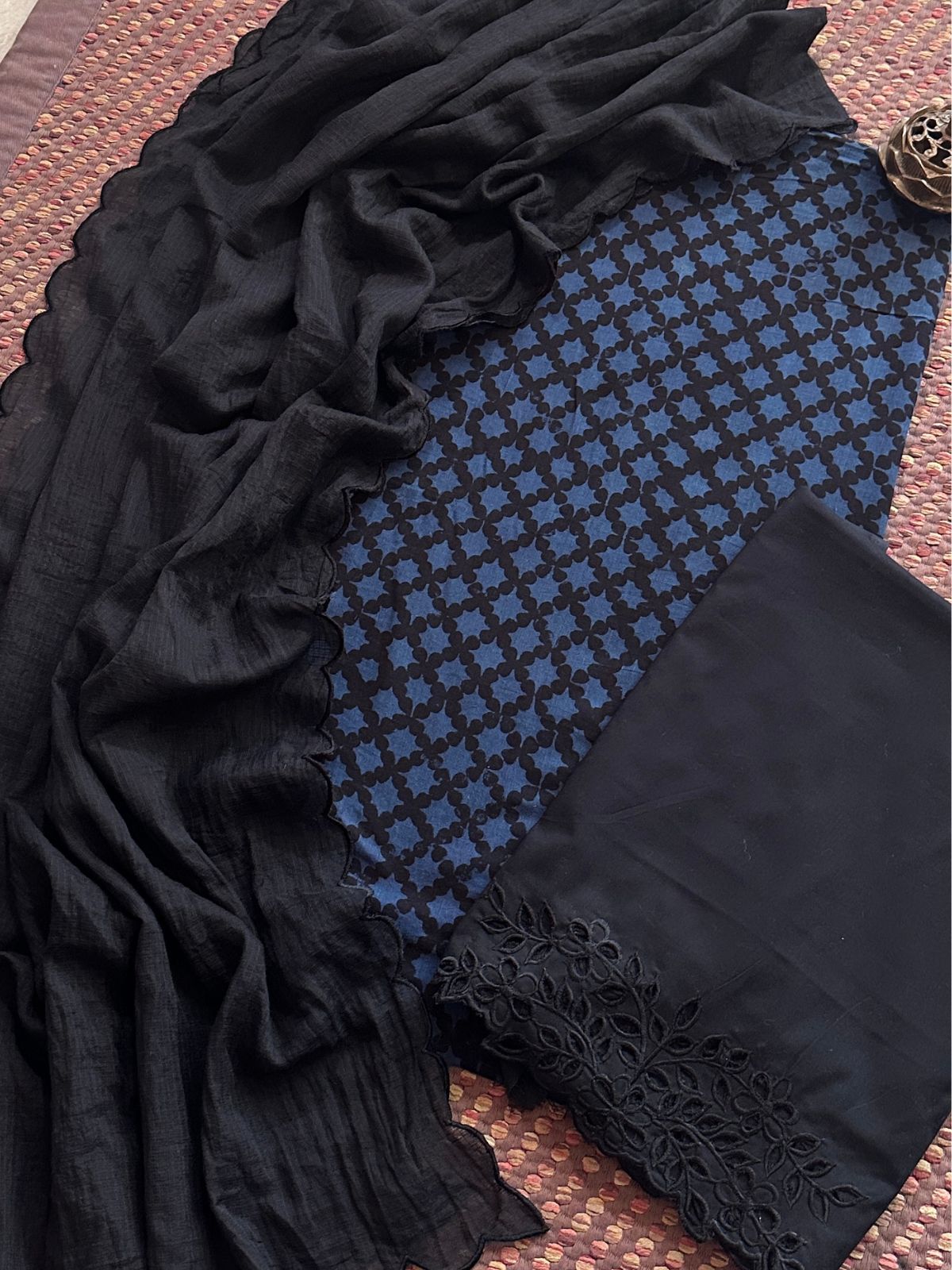 Pure Cotton Malmal Ajrak Fabric withCutwork Bottom & Kota Dupatta