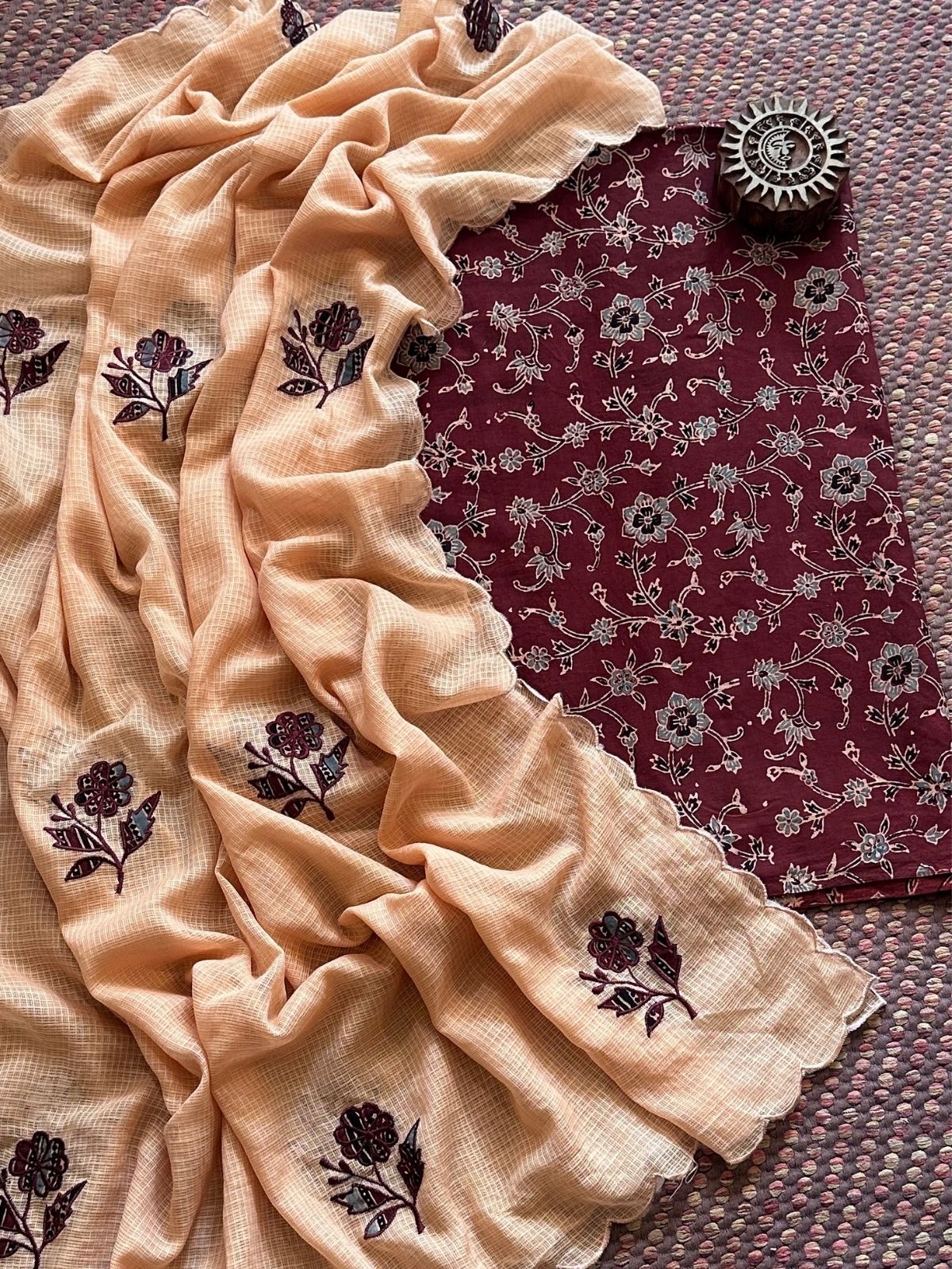 Ajrakh Cotton Malmal Unstitched Fabric with Applique Kota Dupatta
