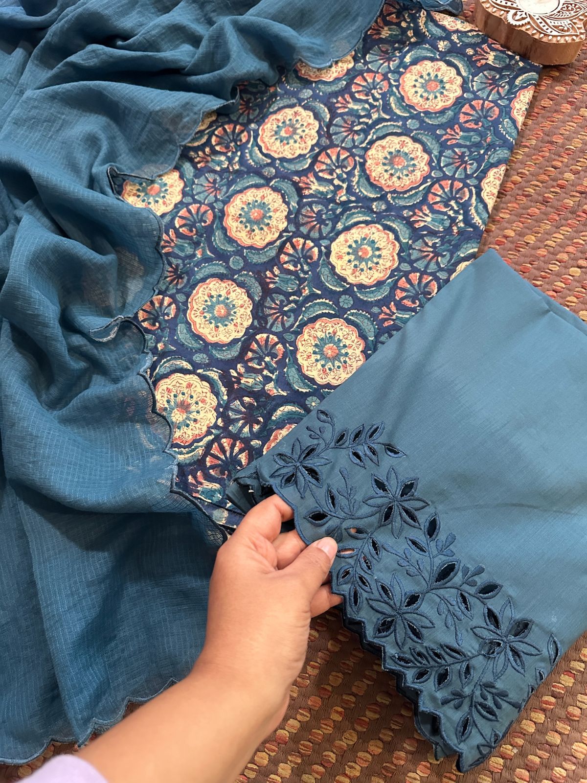 Pure Cotton Hand-blocked Fabric with Cutwork Bottom & Kota Doria Dupatta