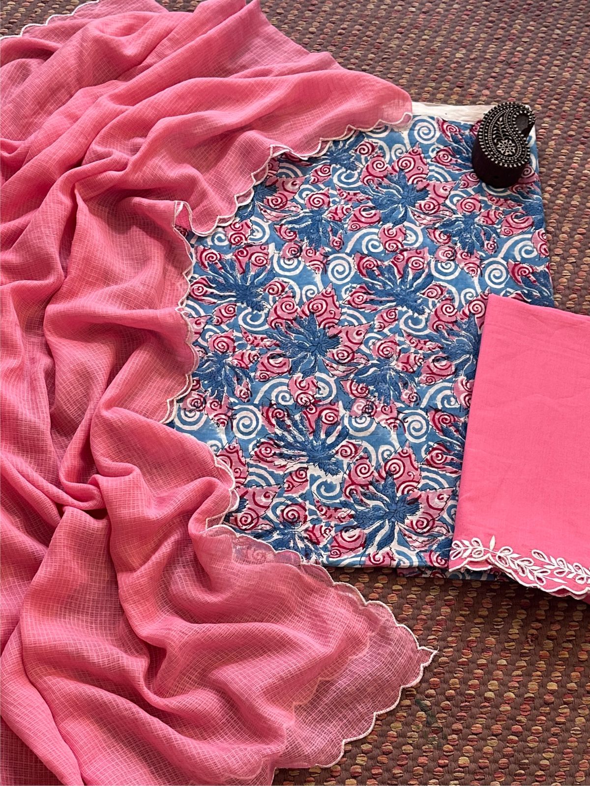 Pure Cotton Hand-blocked Fabric with Cutwork Bottom & Kota Doria Dupatta
