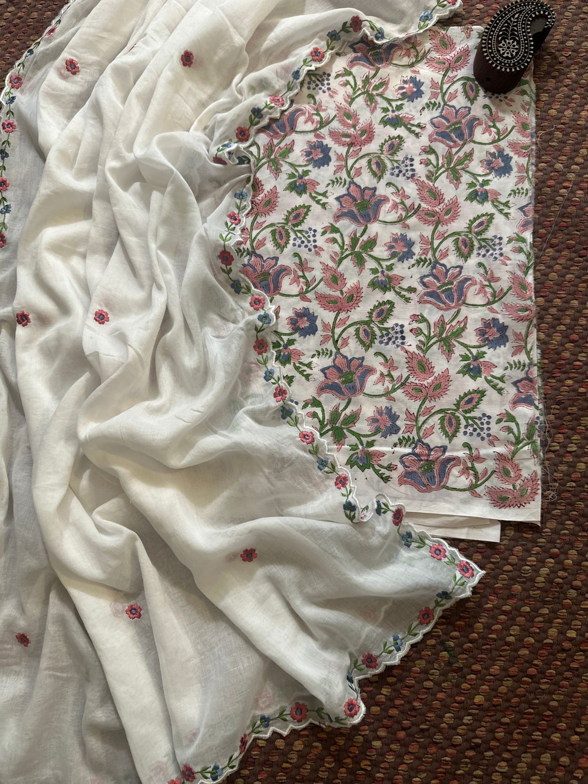 Pure Cotton Handblocked Fabric with Malmal Embroidered Dupatta.