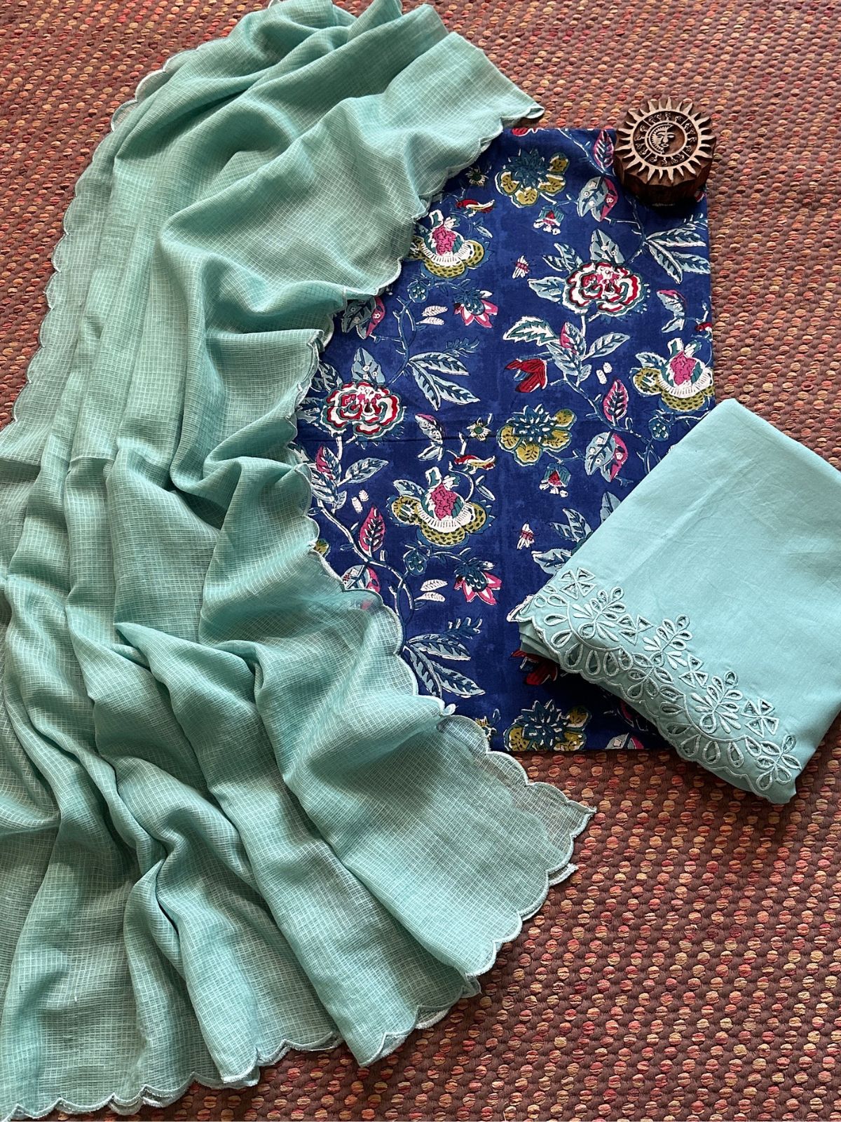 Pure Taj Cotton Hand-blocked Fabric with Cutwork Bottom & Kota Doria Dupatta