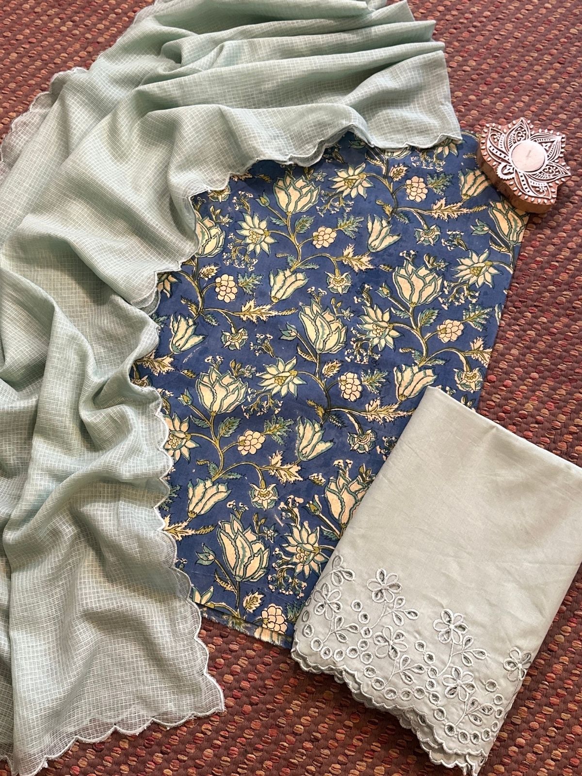 Pure Cotton Hand-blocked Fabric with Cutwork Bottom & Kota Doria Dupatta
