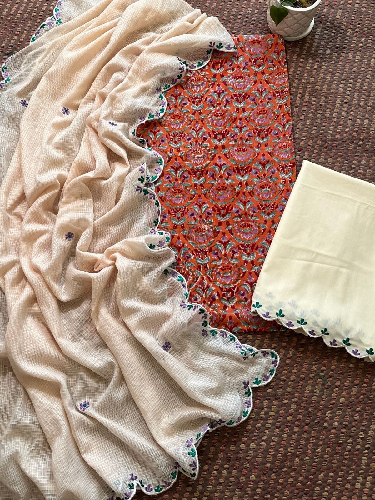 Pure Cotton Malmal Hand blocked Set with Embroidered Dupatta