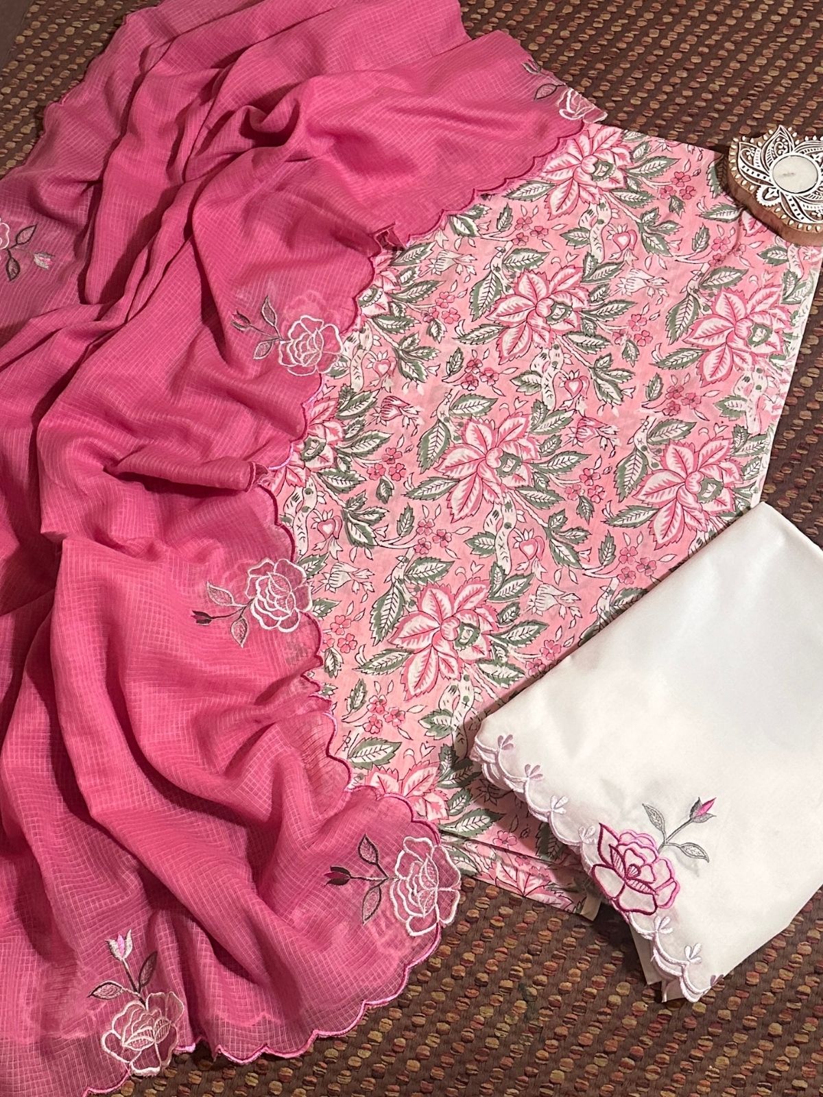 Pure Cotton Hand-block Fabric with Embroidered Bottom & Kota Doria Dupatta