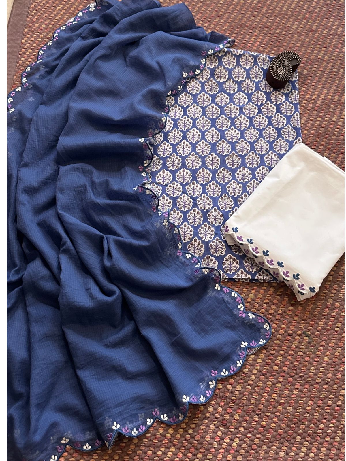 Pure Cotton Hand-block Fabric with Exclusive Embroidered Bottom & Kota Doria Dupatta
