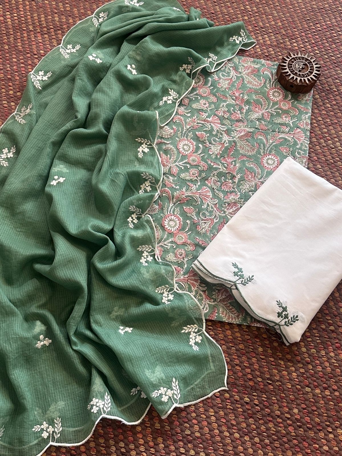 Pure Cotton Hand-block Fabric with Embroidered Bottom & Kota Doria Dupatta