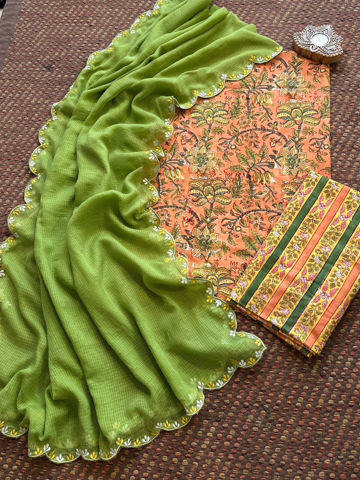 Premium Pure Cotton Malmal Hand blocked Set with Embroidered Dupatta