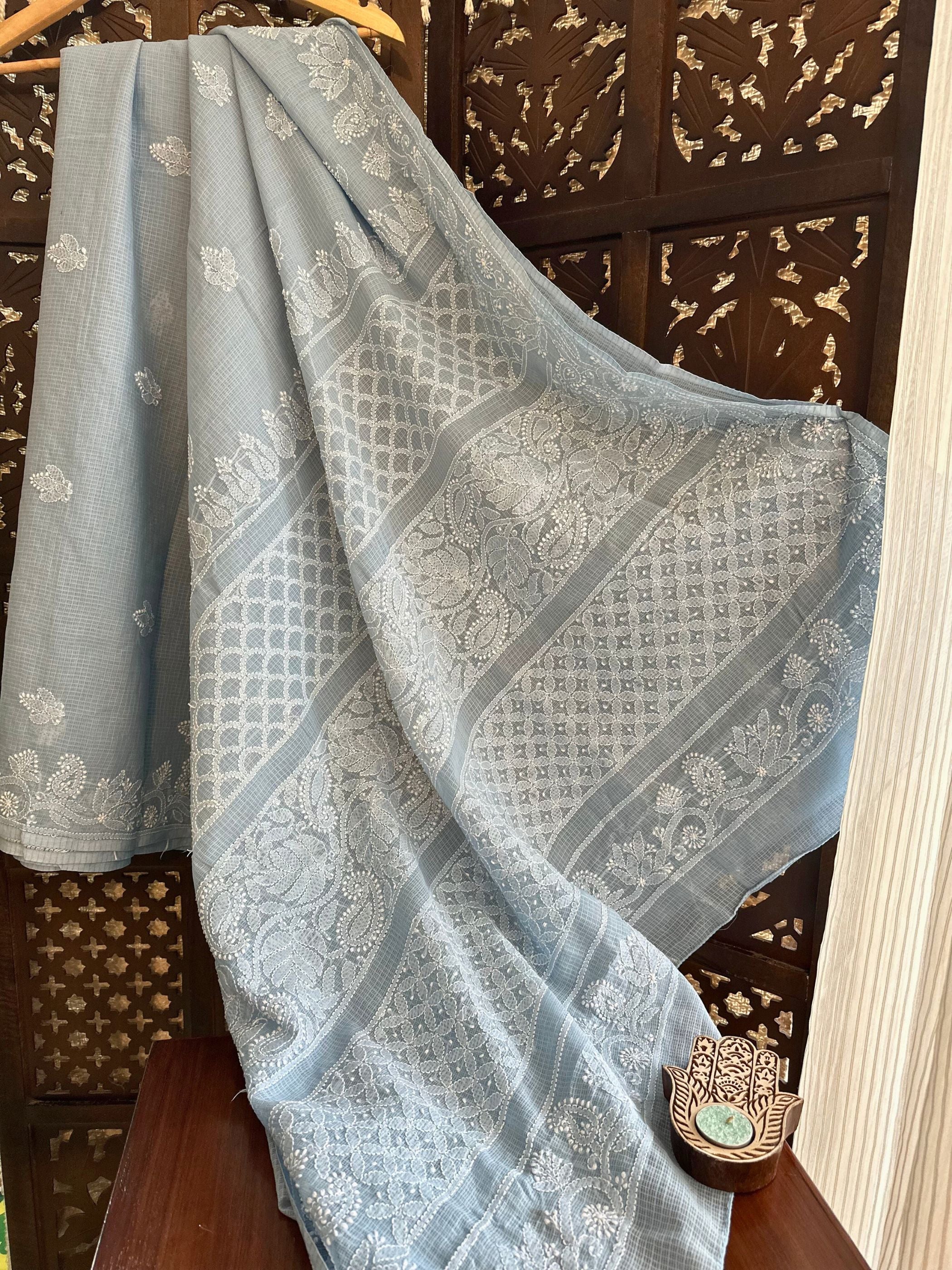 Greyish Blue Chikankari Hand Embroidered Saree