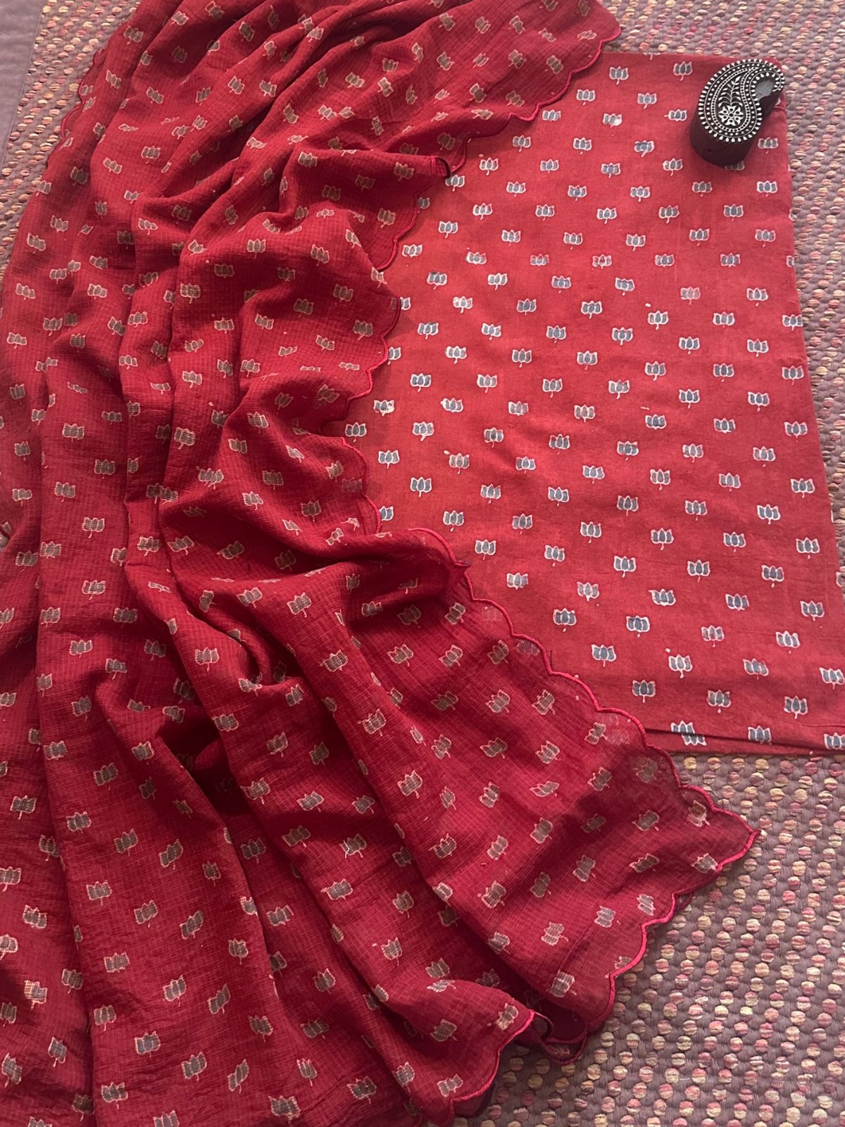 Ajrakh Cotton Malmal Handblocked Set- Top & Dupatta