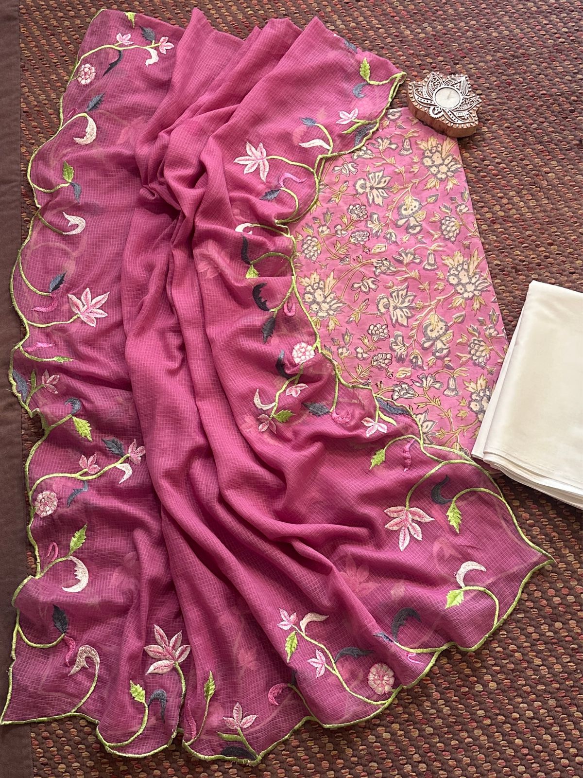 Pure Cotton Hand-blocked Fabric with Embroidered Dupatta