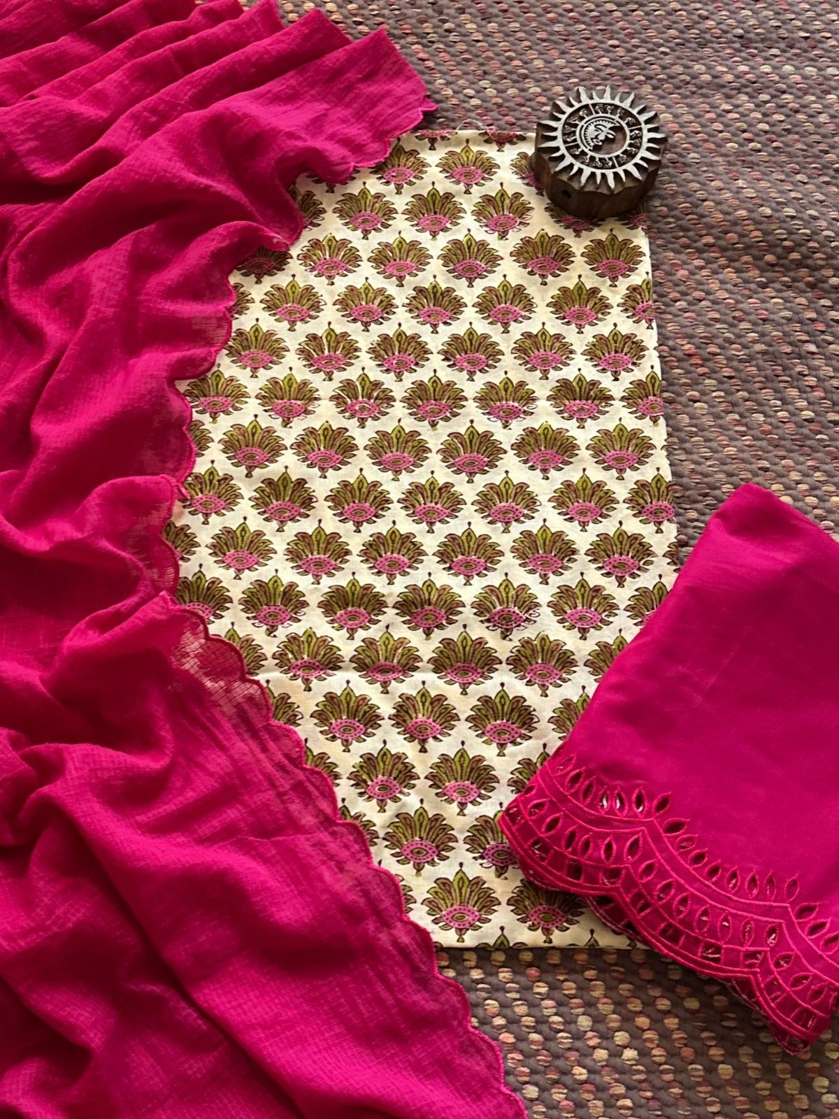 Pure Cotton Malmal Hand-blocked Fabric with Cutwork Bottom & Kota Doria Dupatta