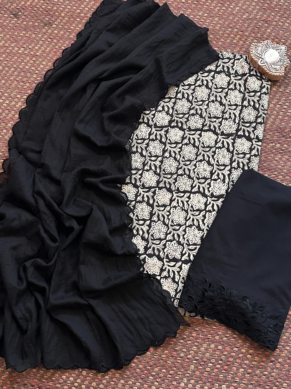 Pure Cotton Hand-blocked Fabric with Cutwork Bottom & Kota Doria Dupatta