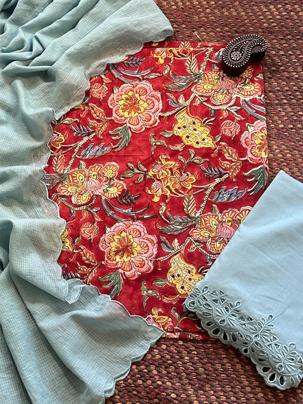 Pure Cotton Malmal Hand-blocked Fabric with Cutwork Bottom & Kota Doria Dupatta