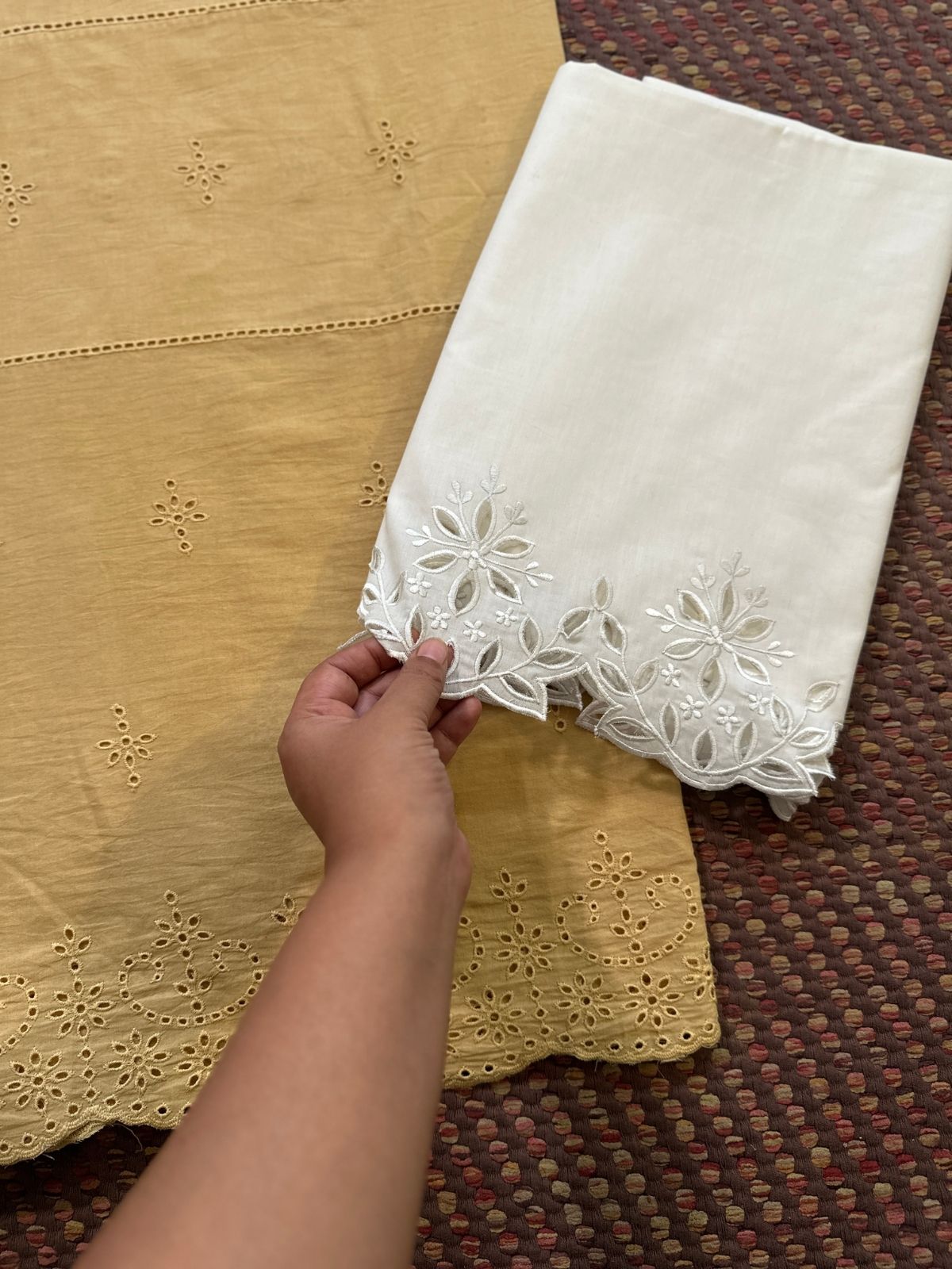 Pure Cotton Unstitched Set with Cutwork Bottom