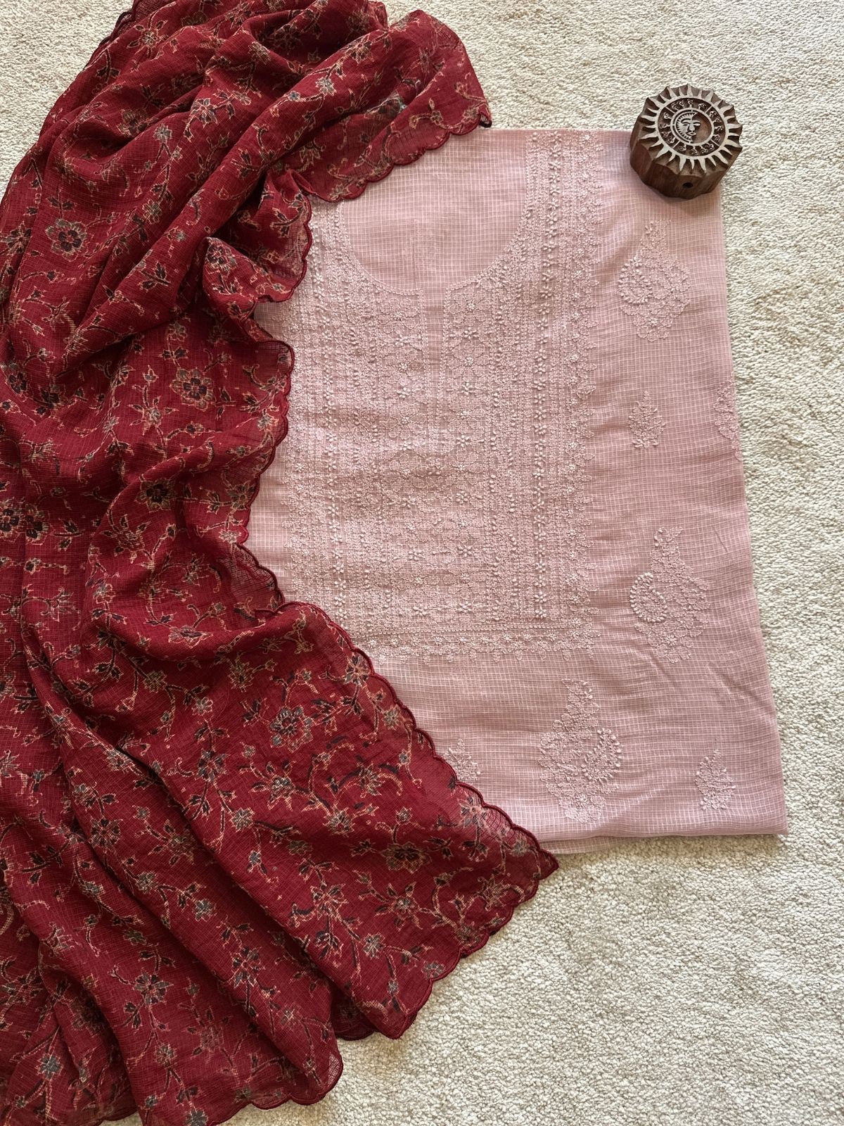 Chikankari Hand Embroidered Fabric with Ajrak Hadblocked Kota Dupatta