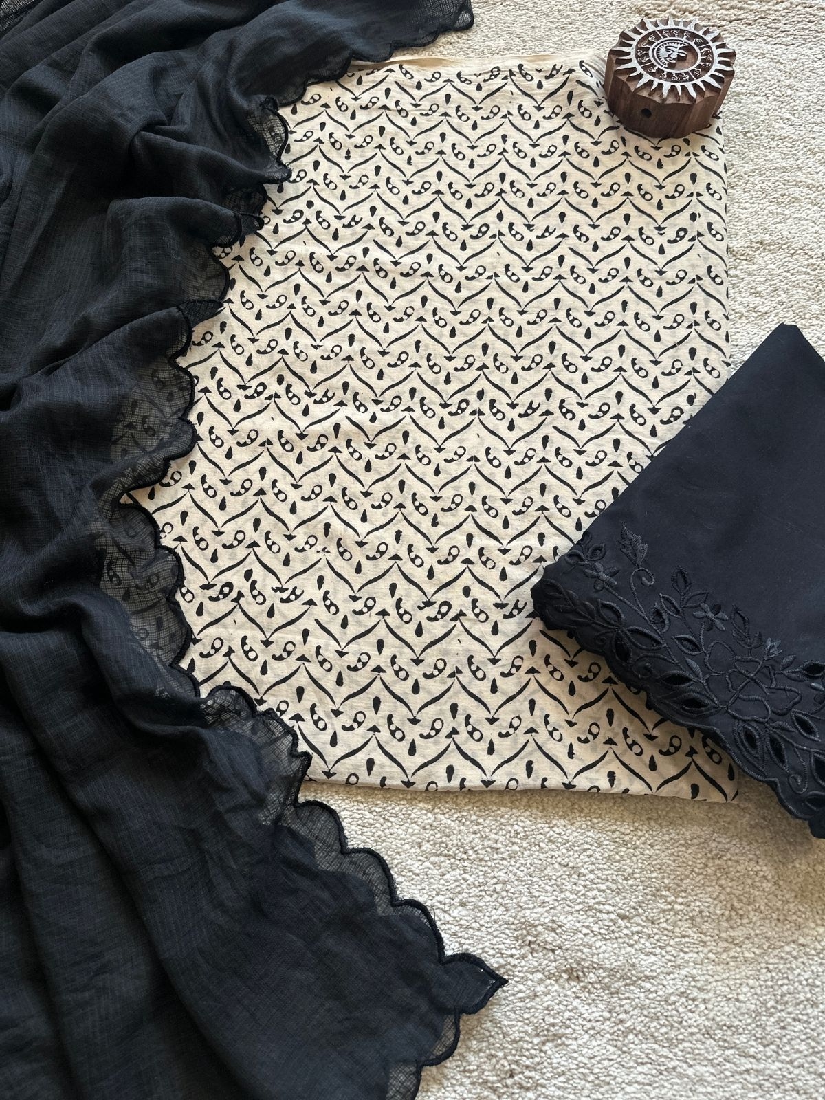 Pure Cotton Malmal  Ajrakh Fabric with Exclusive Cutwork Bottom & Kota Doria Dupatta