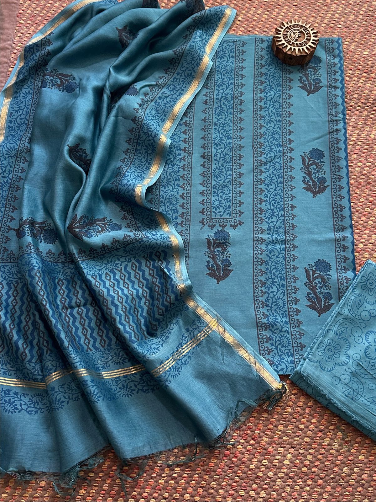 Hand-blocked Maheswari Unstitched Set