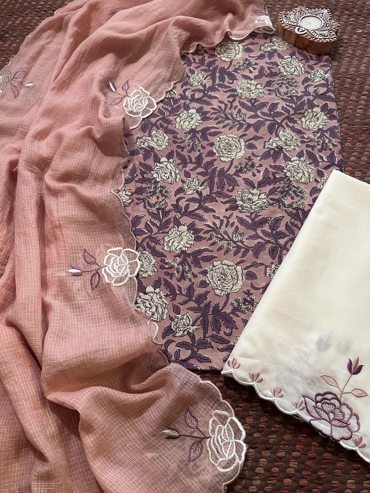 Pure Cotton Hand-block Fabric with Embroidered Bottom & Kota Doria Dupatta