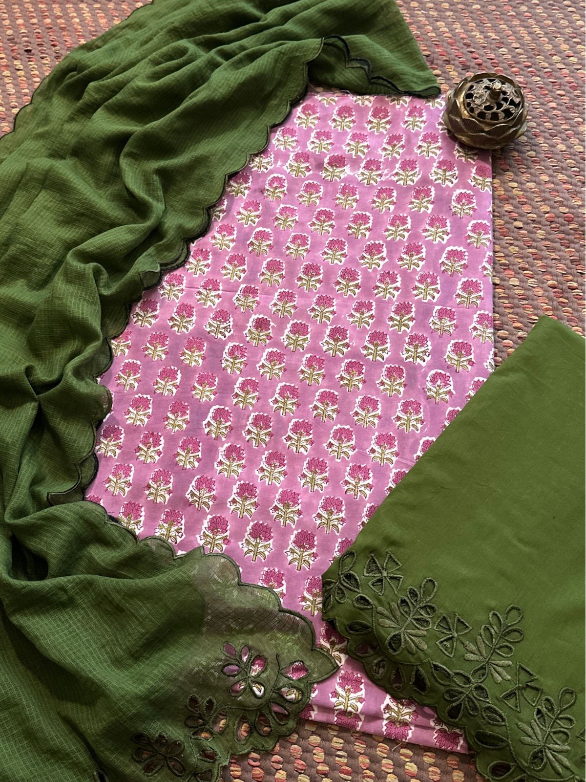 Pure Cotton Hand-blocked Fabric with Cutwork Bottom & Kota Doria Dupatta