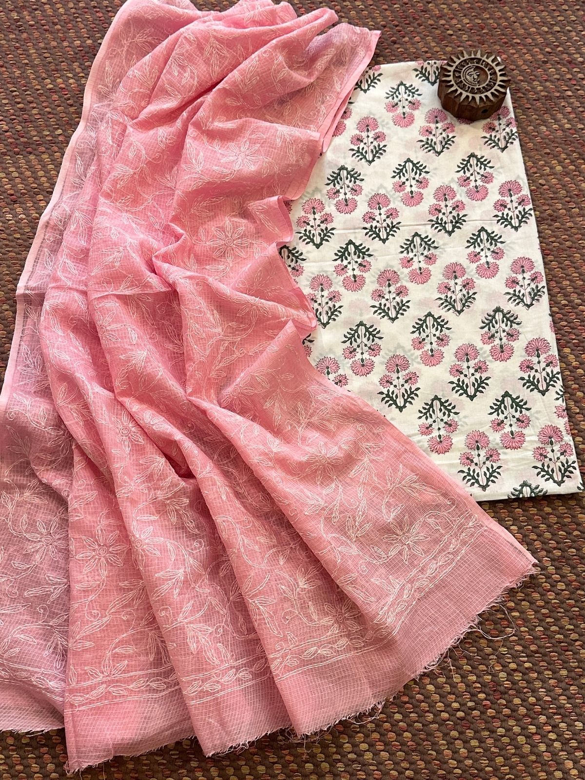 Pure Cotton Hand Blocked Fabric with Chikankari Dupatta