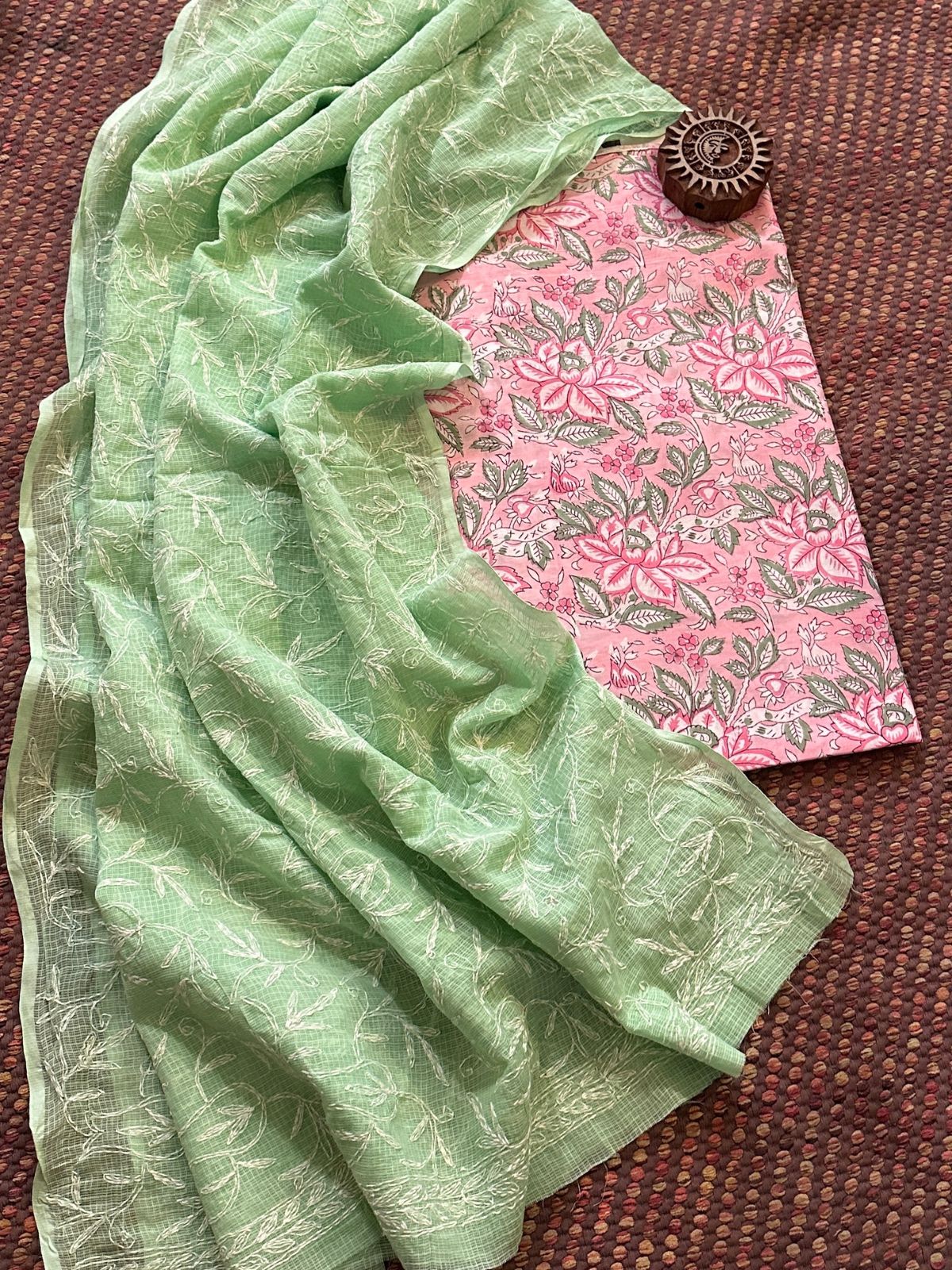 Pure Cotton Hand Blocked Fabric with Chikankari Dupatta