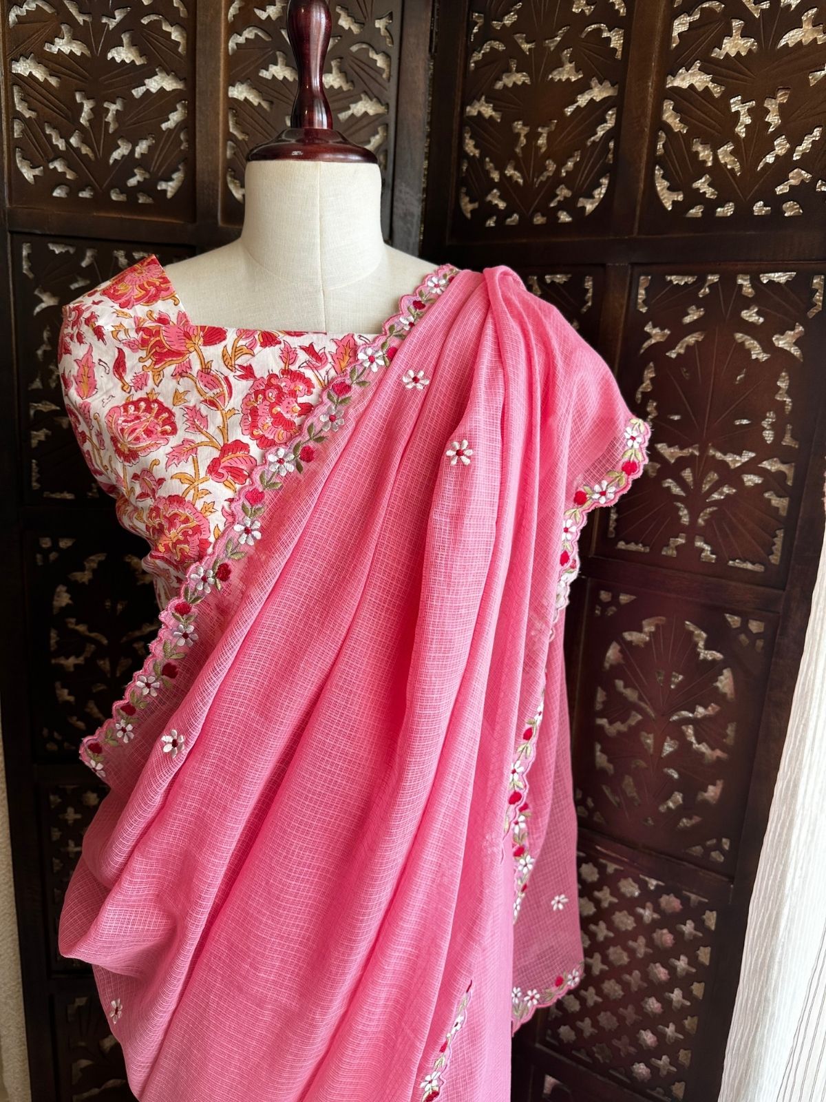 Kota Doria Embroidered Saree with Hand Block Blouse fabric