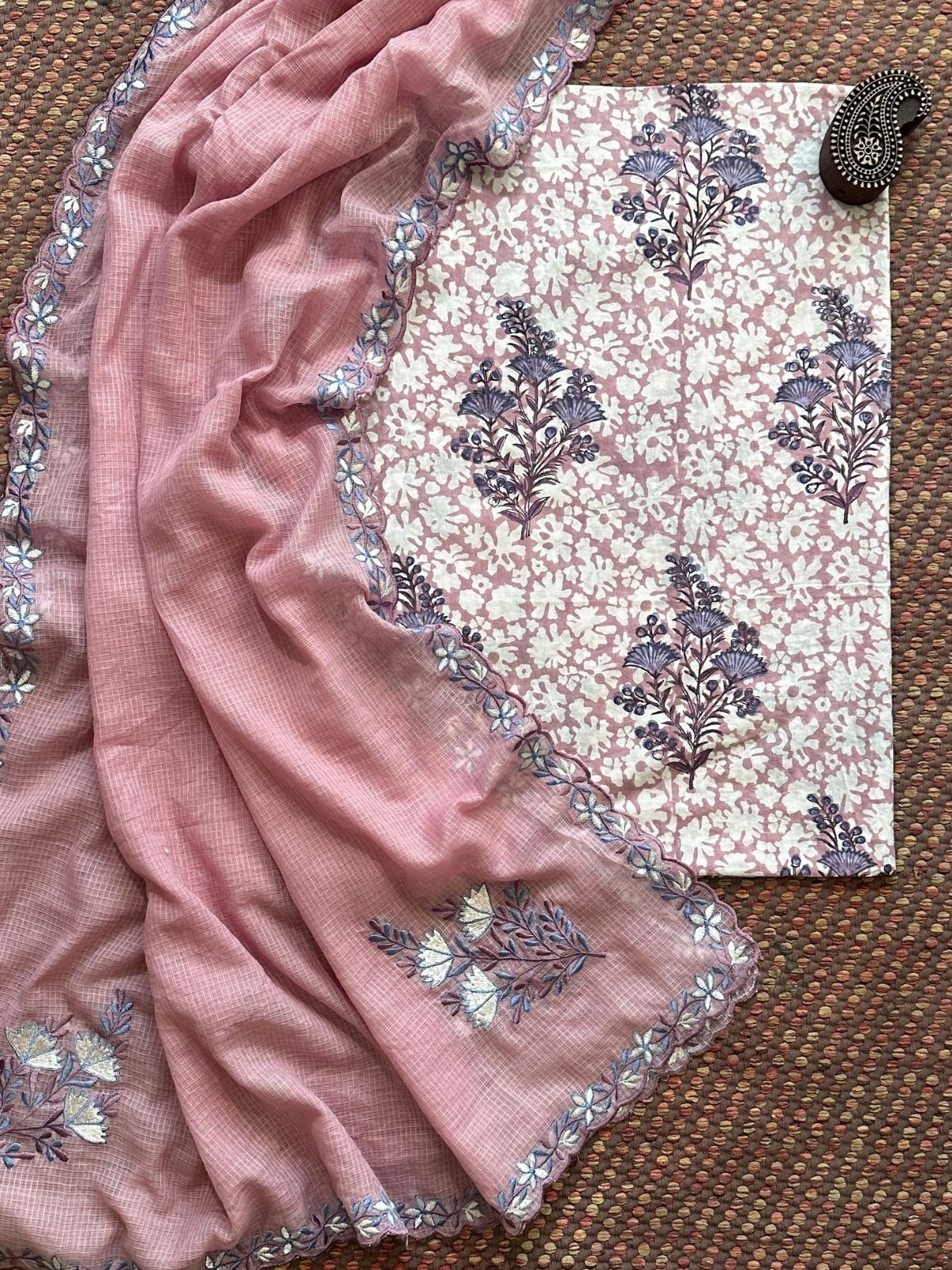 Pure Cotton Handblock Fabric with Exclusive Embroidered Dupatta