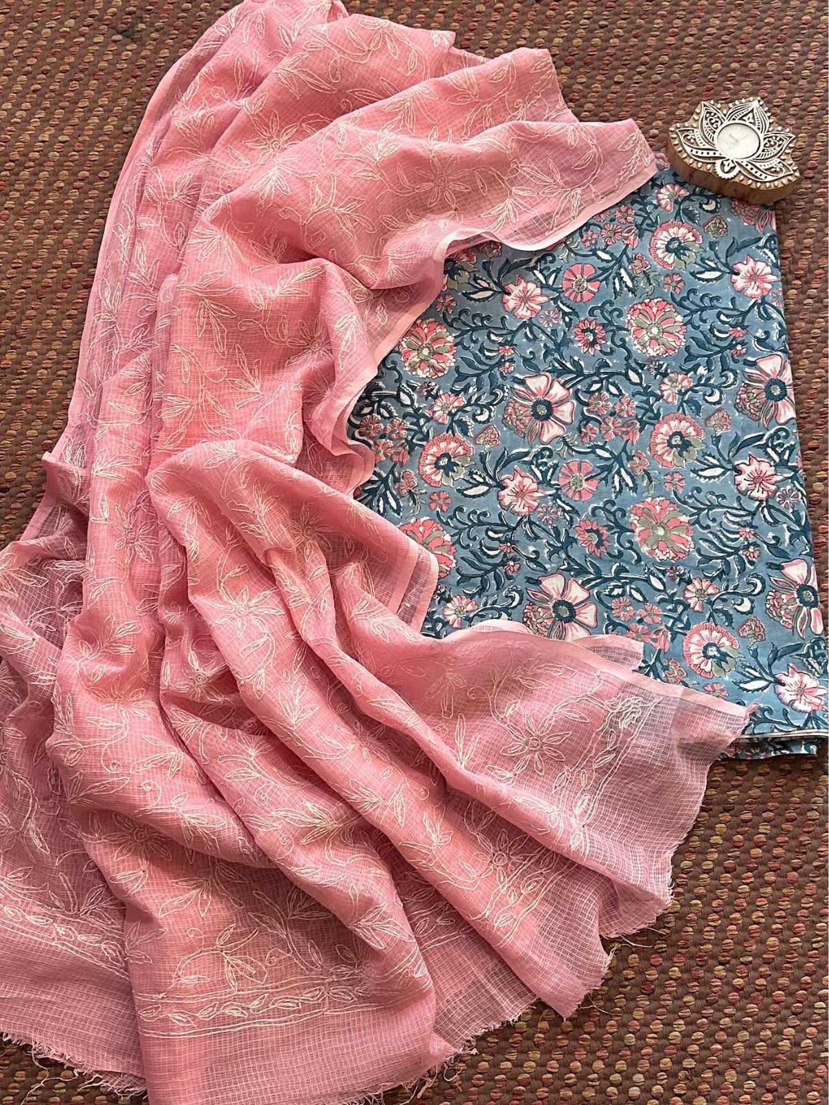Pure Cotton Hand Blocked Fabric with Chikankari Dupatta