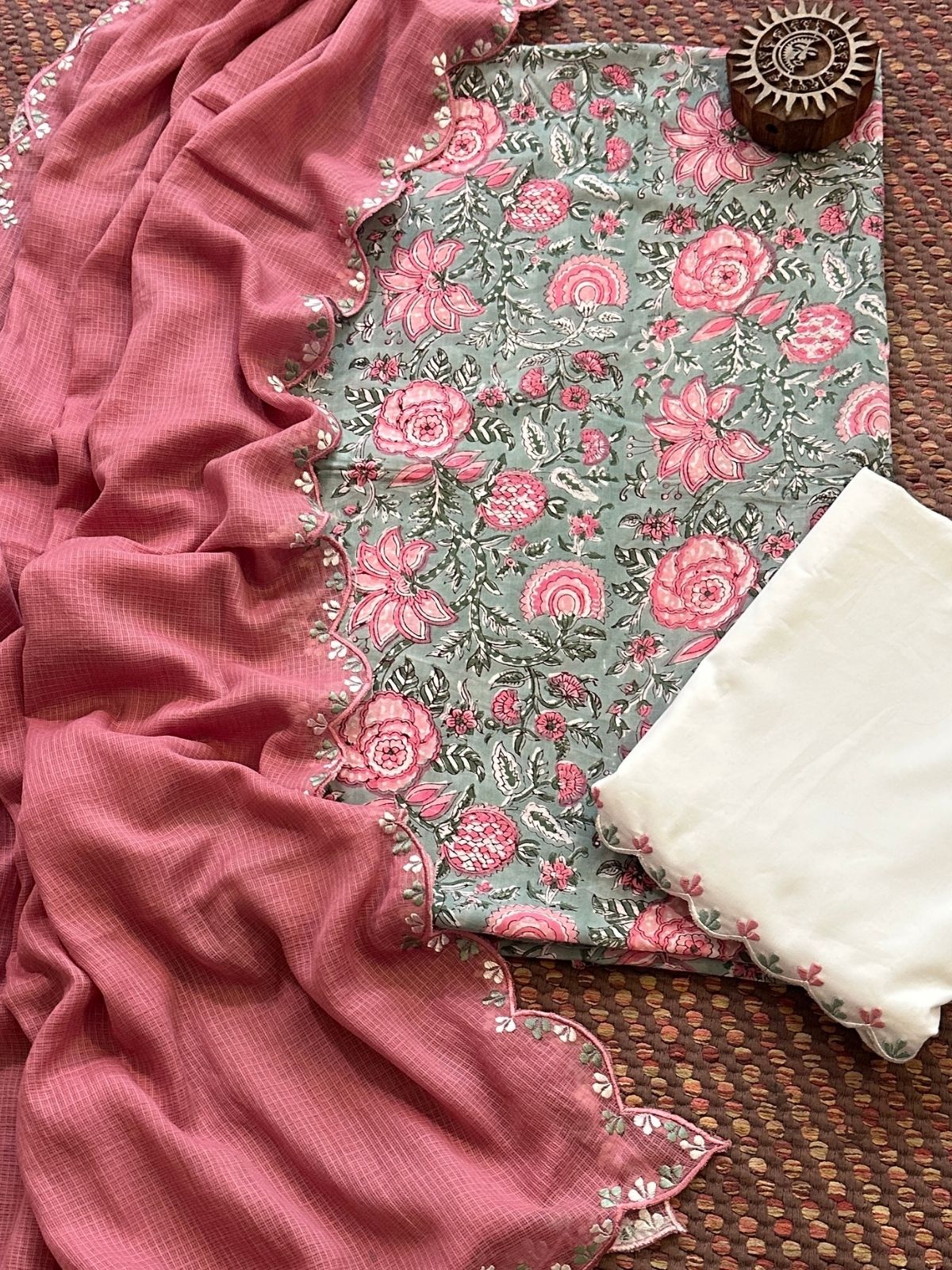 Pure Cotton Hand blocked Set with Embroidered Dupatta
