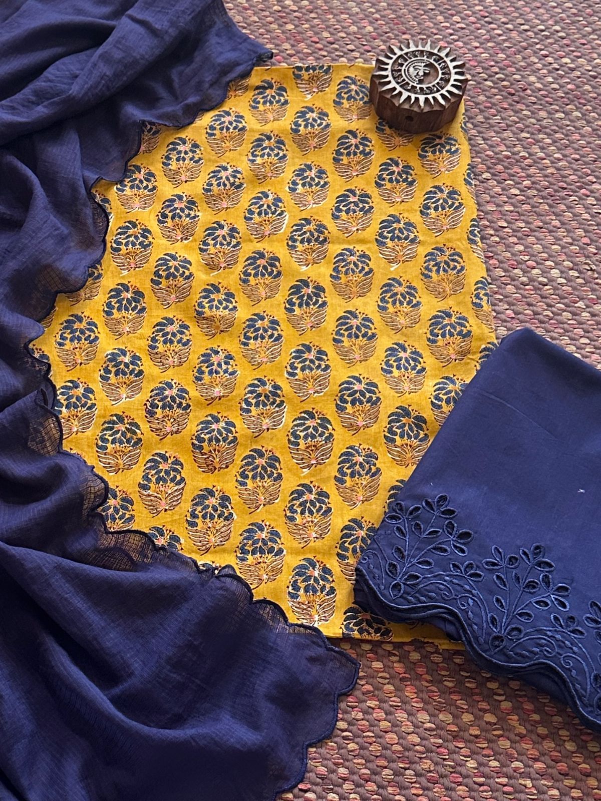 Pure Cotton Malmal Hand-blocked Fabric with Cutwork Bottom & Kota Doria Dupatta