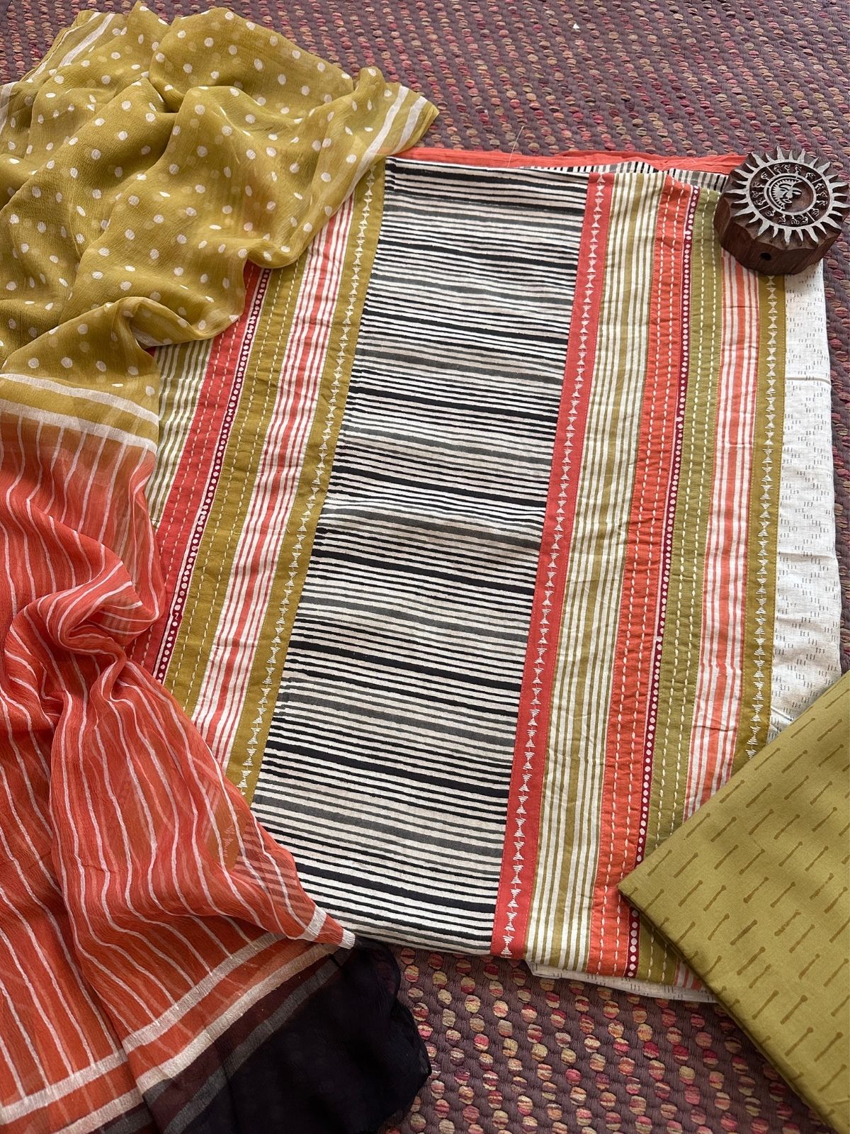 Pure Cotton Patch work Unstitched Set with pure chiffon Dupatta