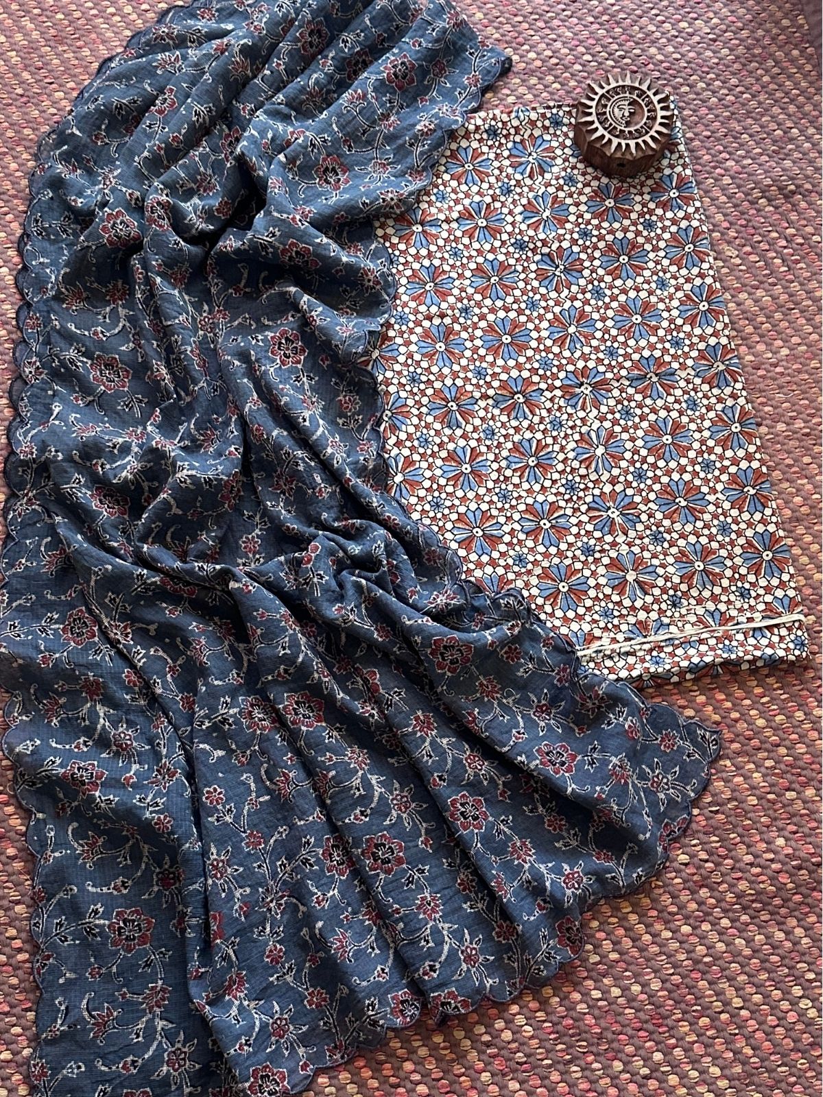 Ajrakh Cotton Malmal Handblocked Set- Top & Dupatta