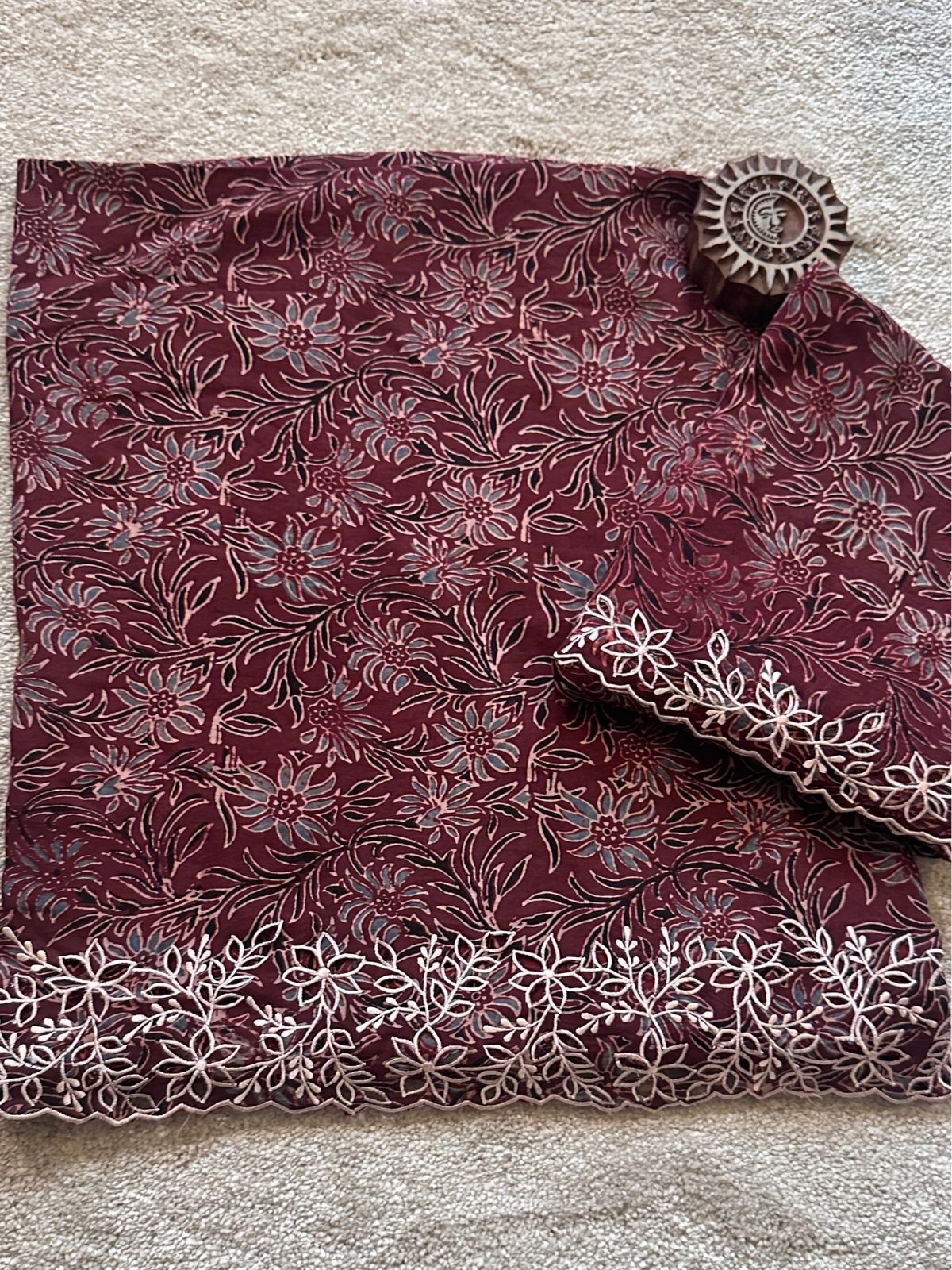 Exclusive Cutwork embroidered Ajrak Cotton Malmal Coord Set