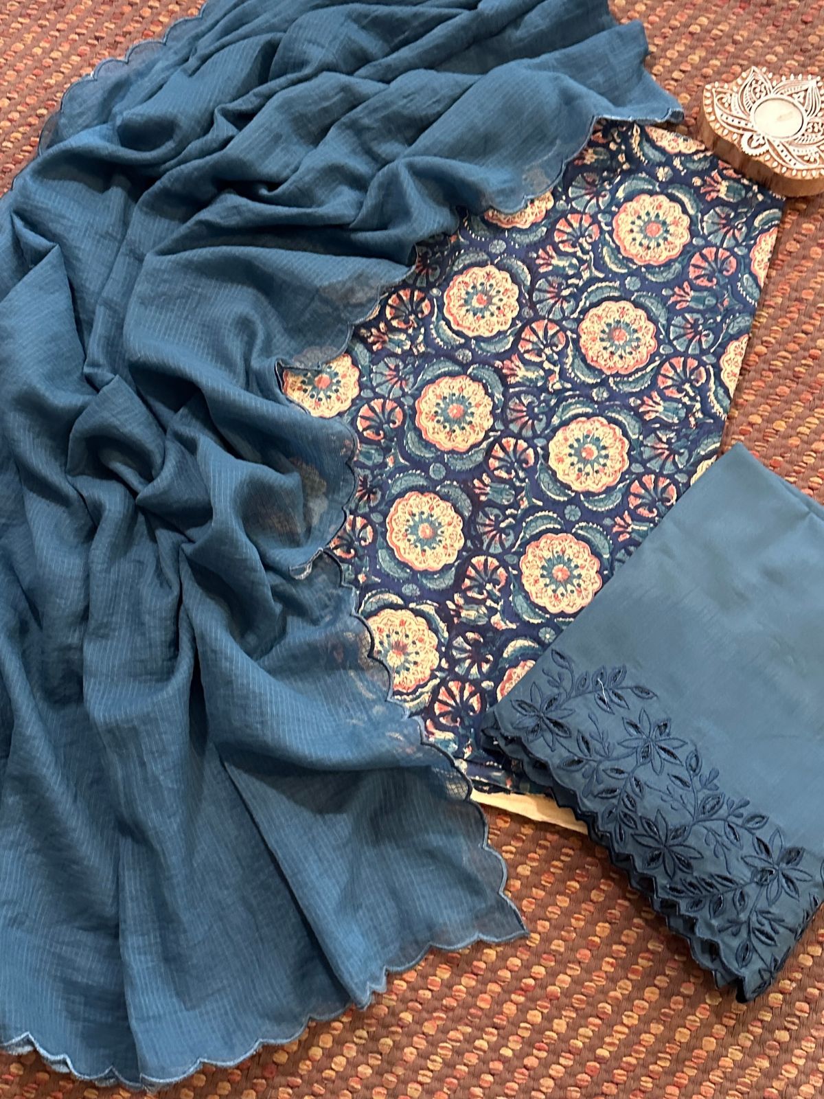 Pure Cotton Hand-blocked Fabric with Cutwork Bottom & Kota Doria Dupatta