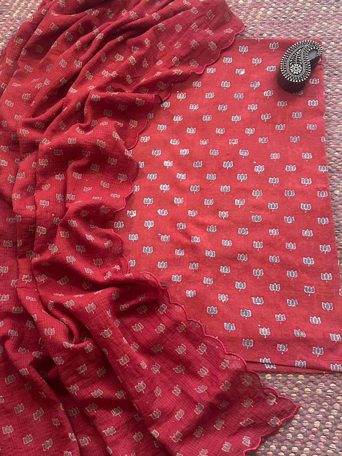Ajrakh Cotton Malmal Handblocked Set- Top & Dupatta