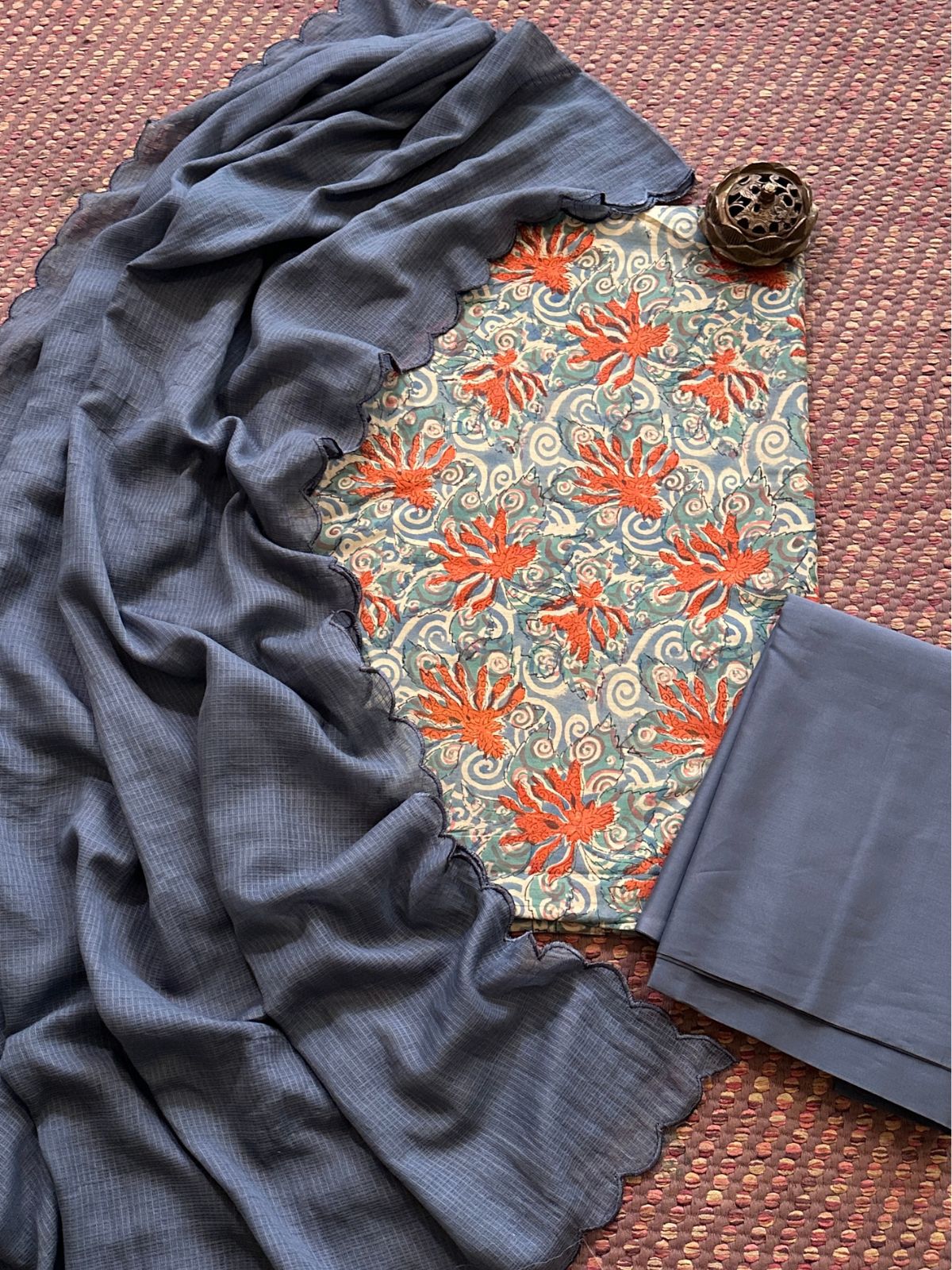 Pure Cotton Malmal handblocked Fabric Set with Kota Dupatta