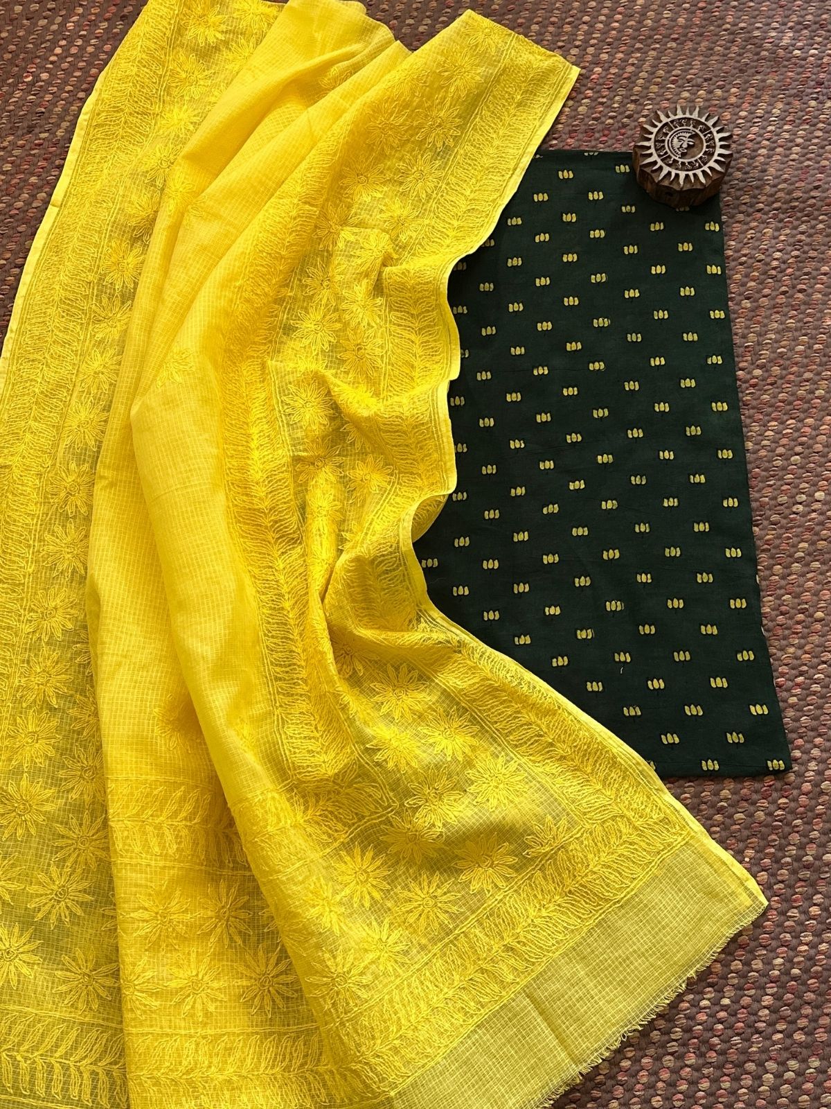 Ajrakh Handblocked Cotton Malmal Fabric with Chikankari Kota Dupatta Unstitched Set