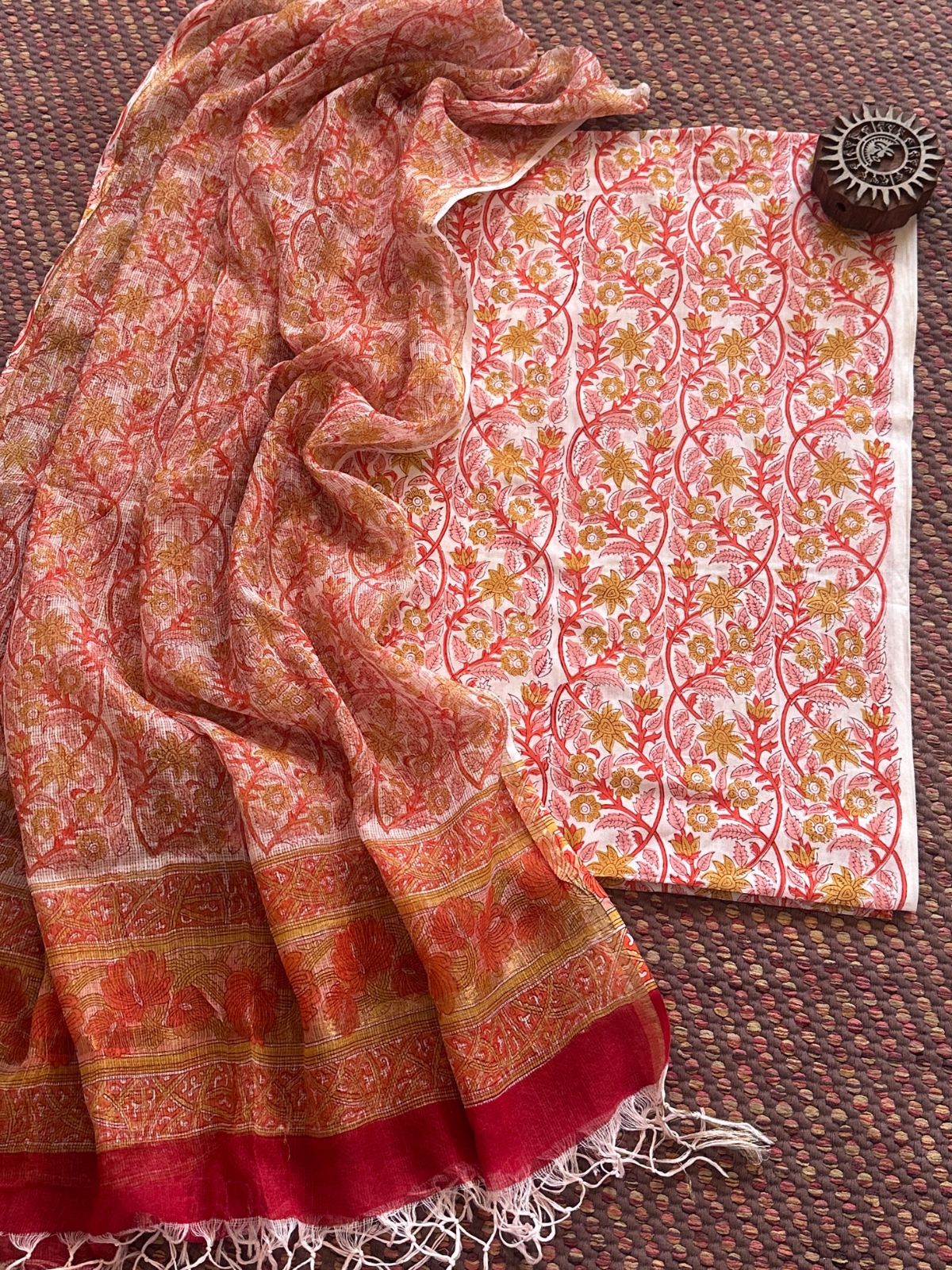 Pure cotton hand-blocked fabric with kota doria embroidered dupatta