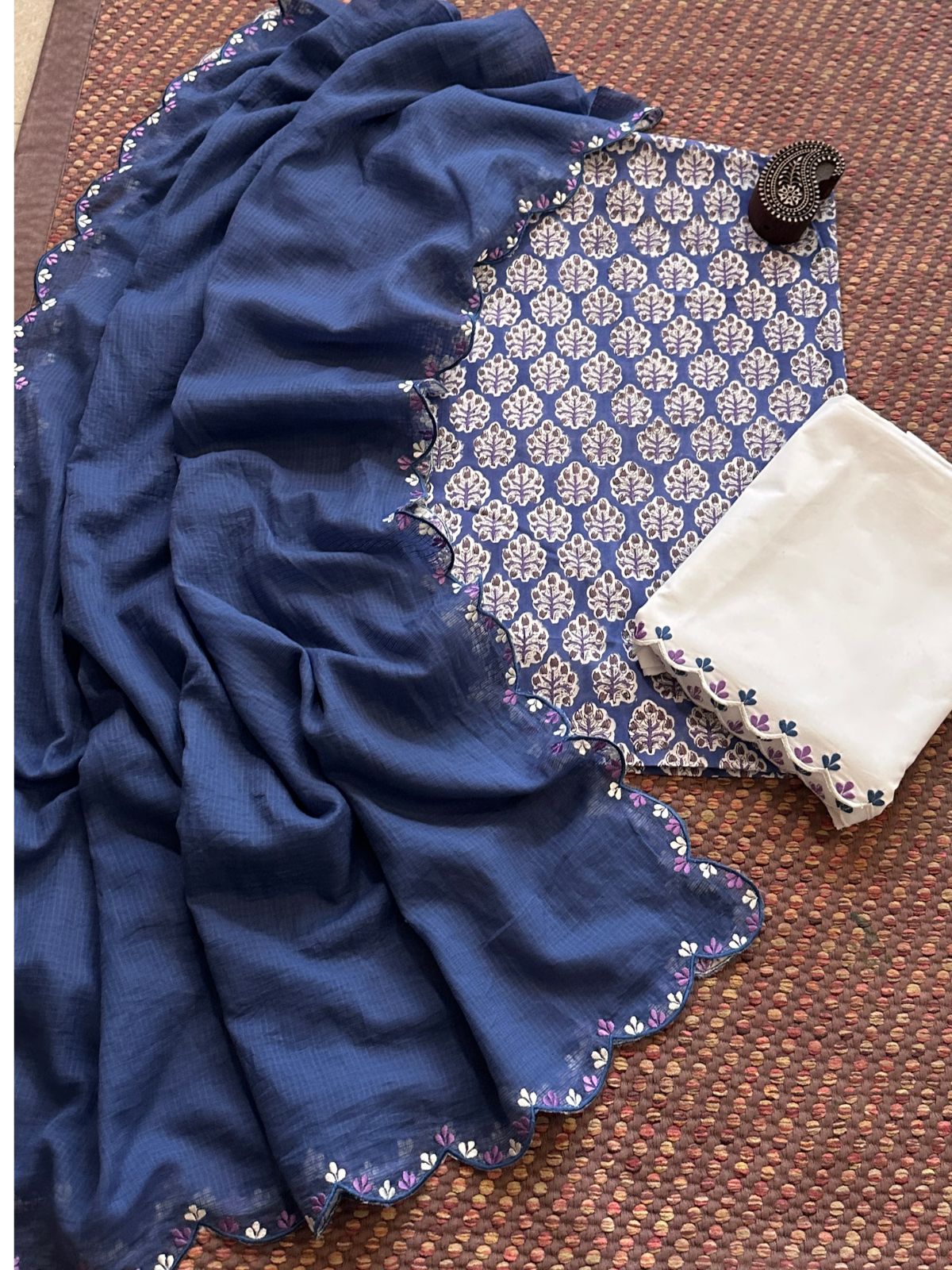 Pure Cotton Hand-block Fabric with Exclusive Embroidered Bottom & Kota Doria Dupatta