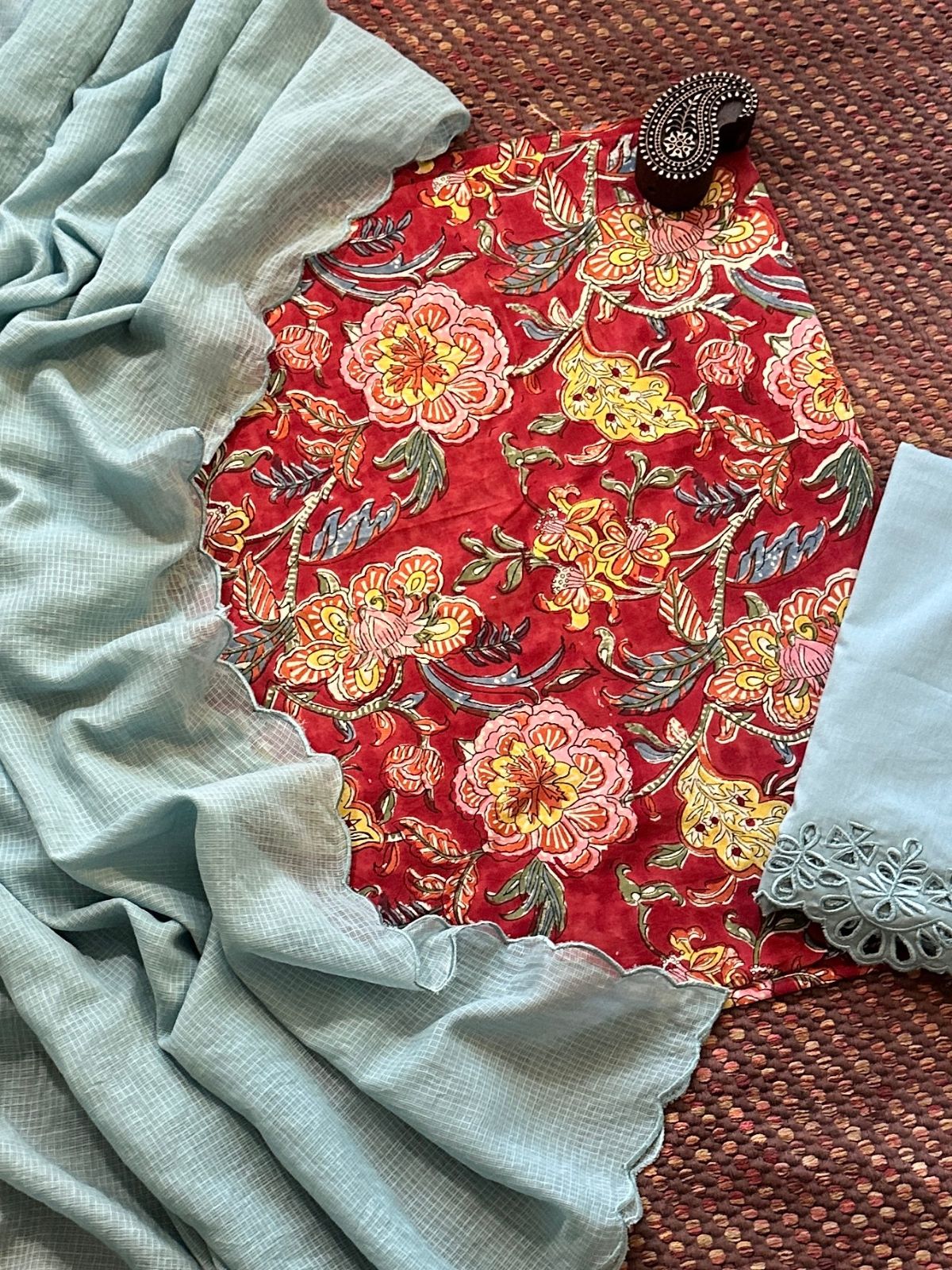 Pure Cotton Malmal Hand-blocked Fabric with Cutwork Bottom & Kota Doria Dupatta