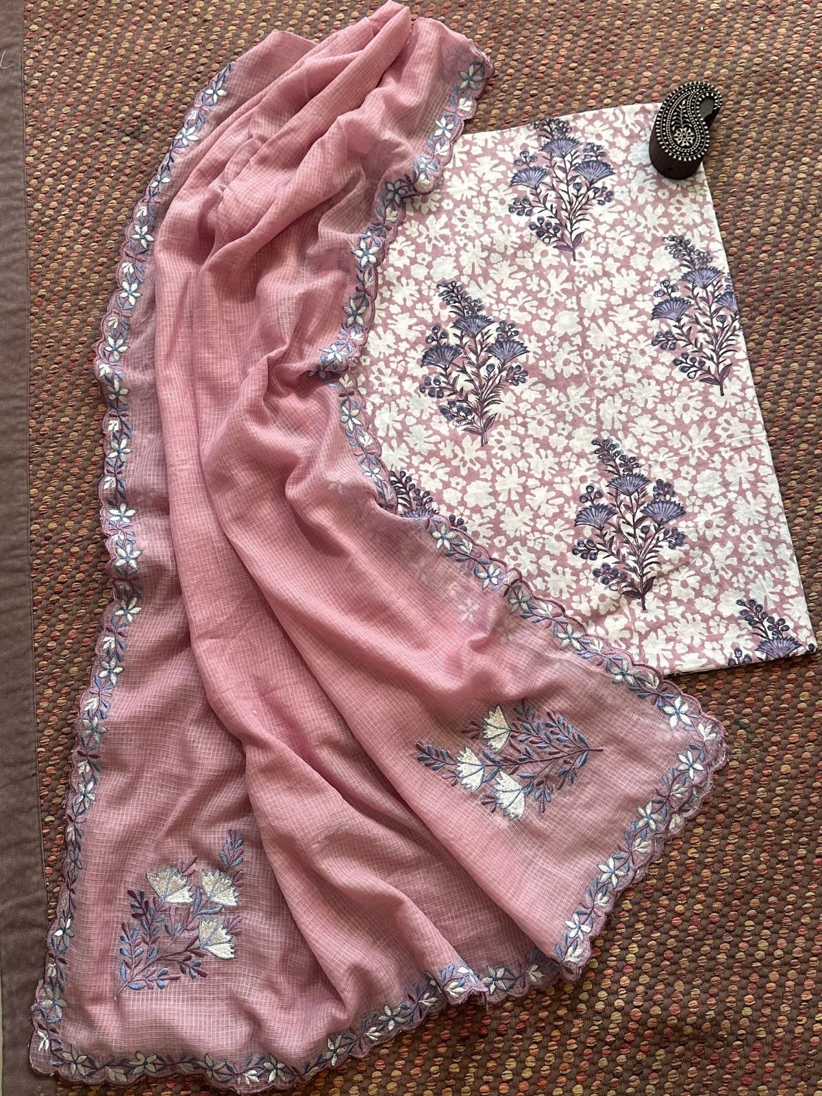 Pure Cotton Handblock Fabric with Exclusive Embroidered Dupatta
