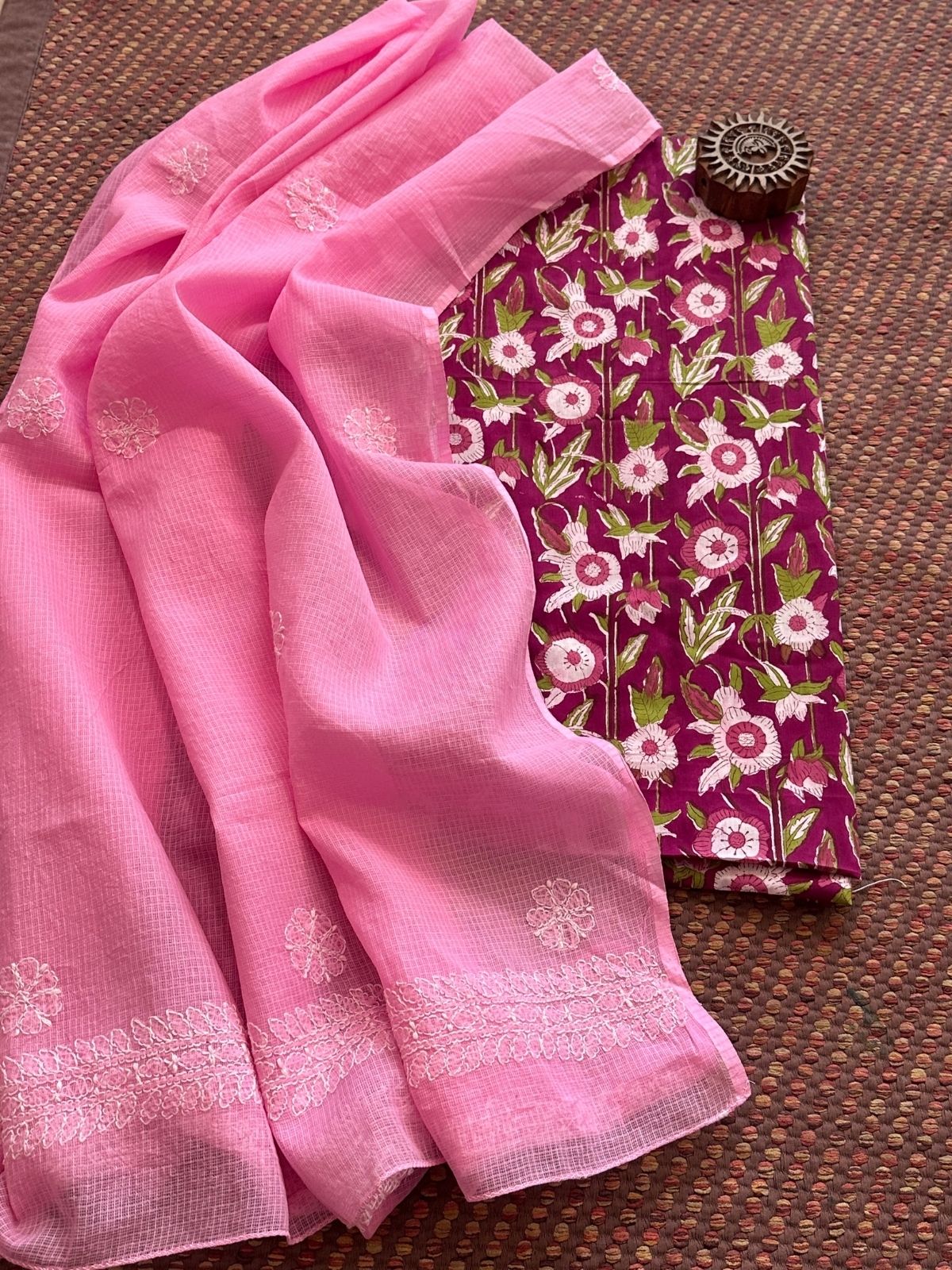 Pure Cotton Hand Blocked Fabric with Chikankari Dupatta